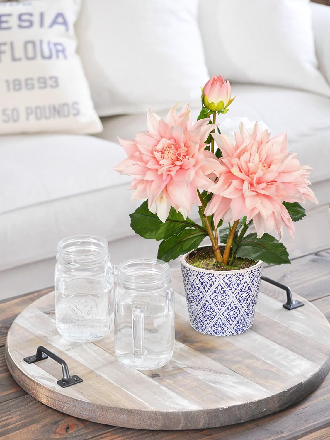 Briful Artificial Dahlia Flower in Blue and White Ceramic Pot – 13.8" Silk Dahlias Arrangement Faux Potted Dahlia Floral Centerpiece for Home Office Kitchen Dining Room Table Shelf Decor(Pale Pink) - Image 6