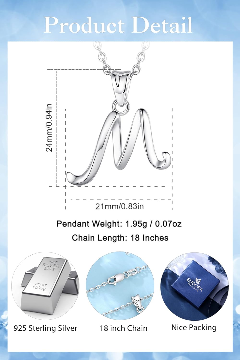 EUDORA Sterling Silver Initial Necklaces for Women, Classic 26 Letter Neckless Gifts for Girls, Sister, Mother Daughter, 18 inch Chain - Image 6