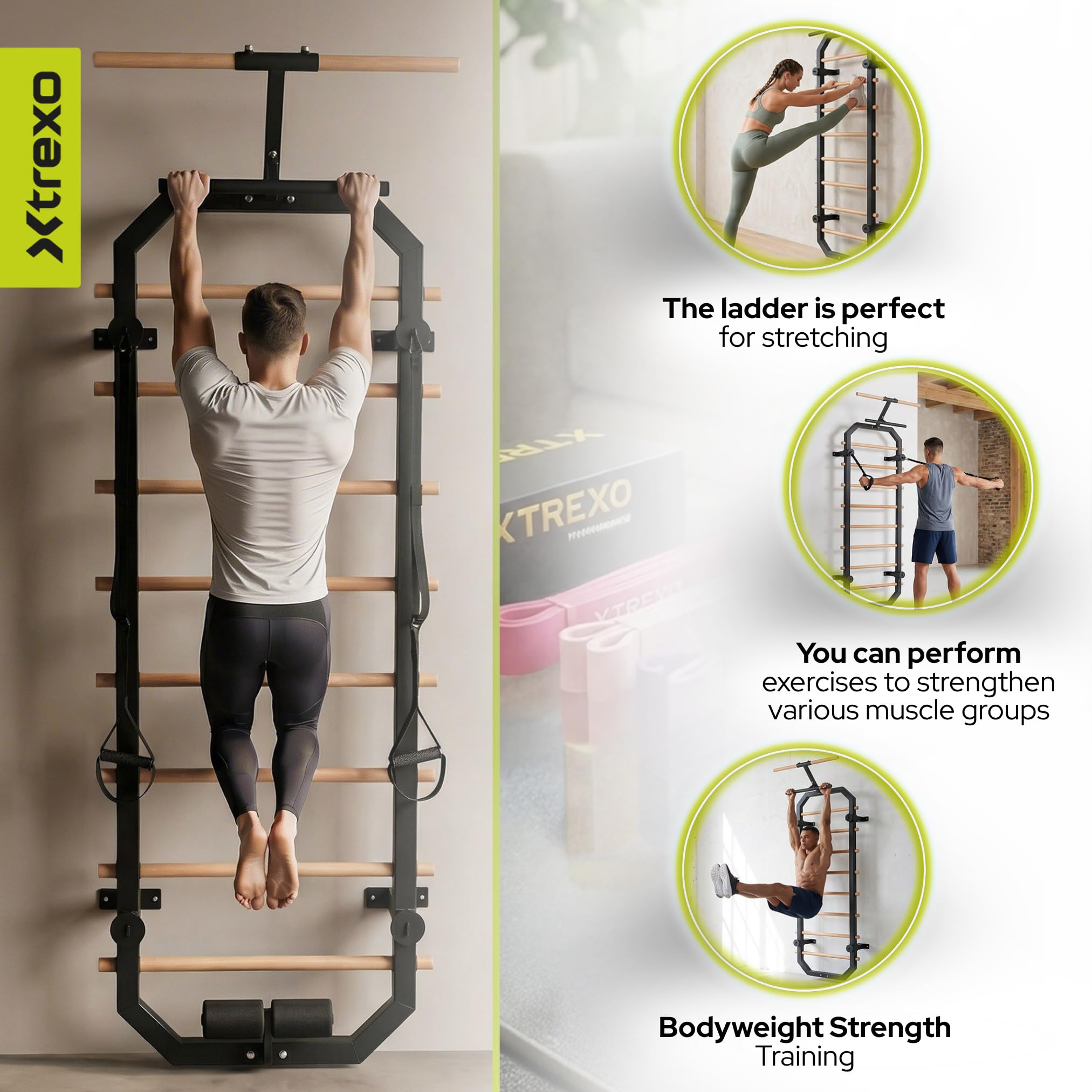 Ścianka ze szczeblami Multicore Pro 220 cm do treningu domowego | Rama stalowa, szczeble z drewna bukowego, montaż ścienny, 8 szczebli i akcesoria zapewniające siłę, mobilność i rozciągliwość