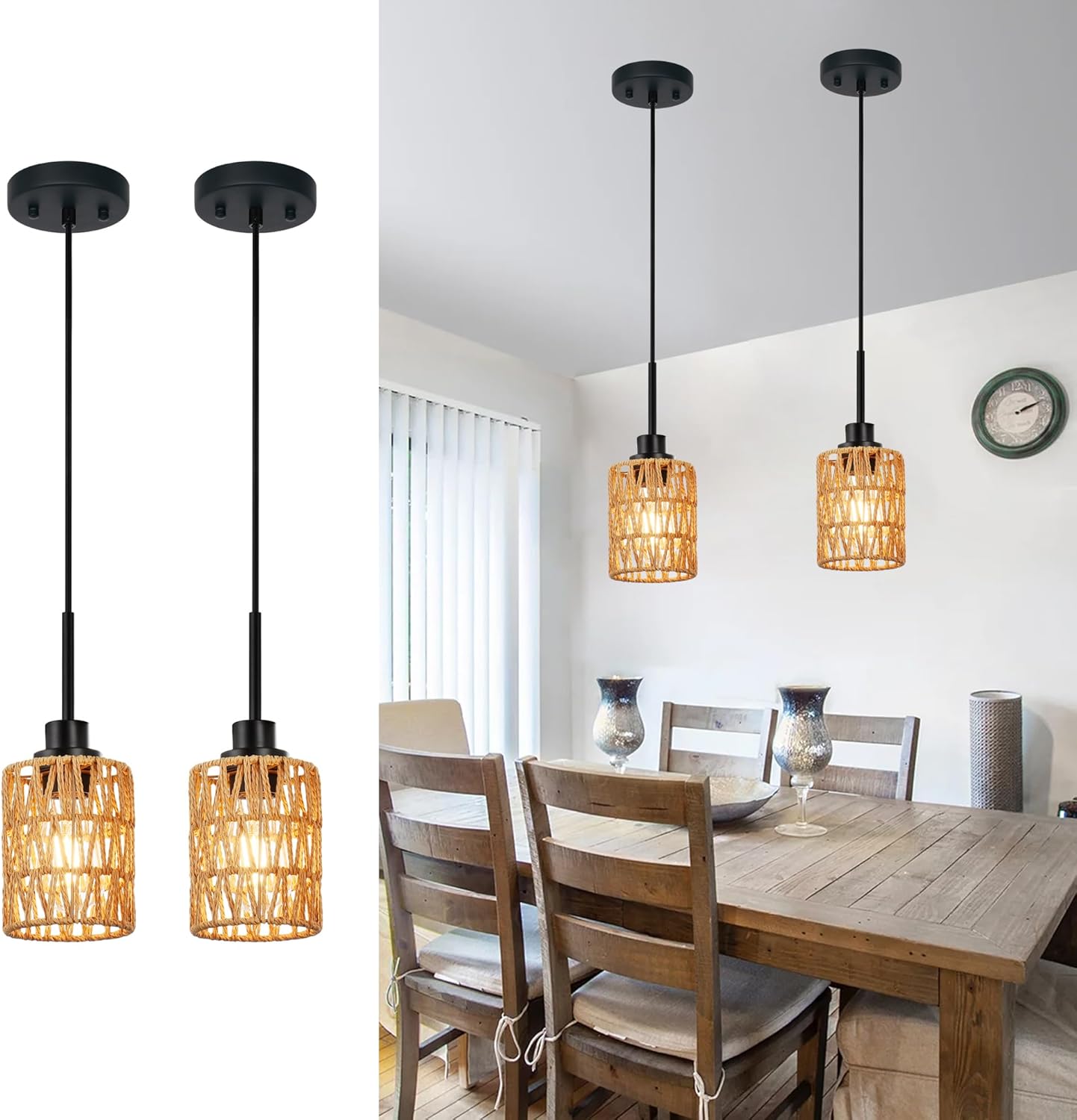MELUCEE 2 Pack Rattan Hanging Light Fixture Boho Pendant Light Black Adjustable Dining Table Light Fixture with Rattan Lamp Shade, Set of Two Mini Pendant Lighting for Kitchen Island Hallway Stair