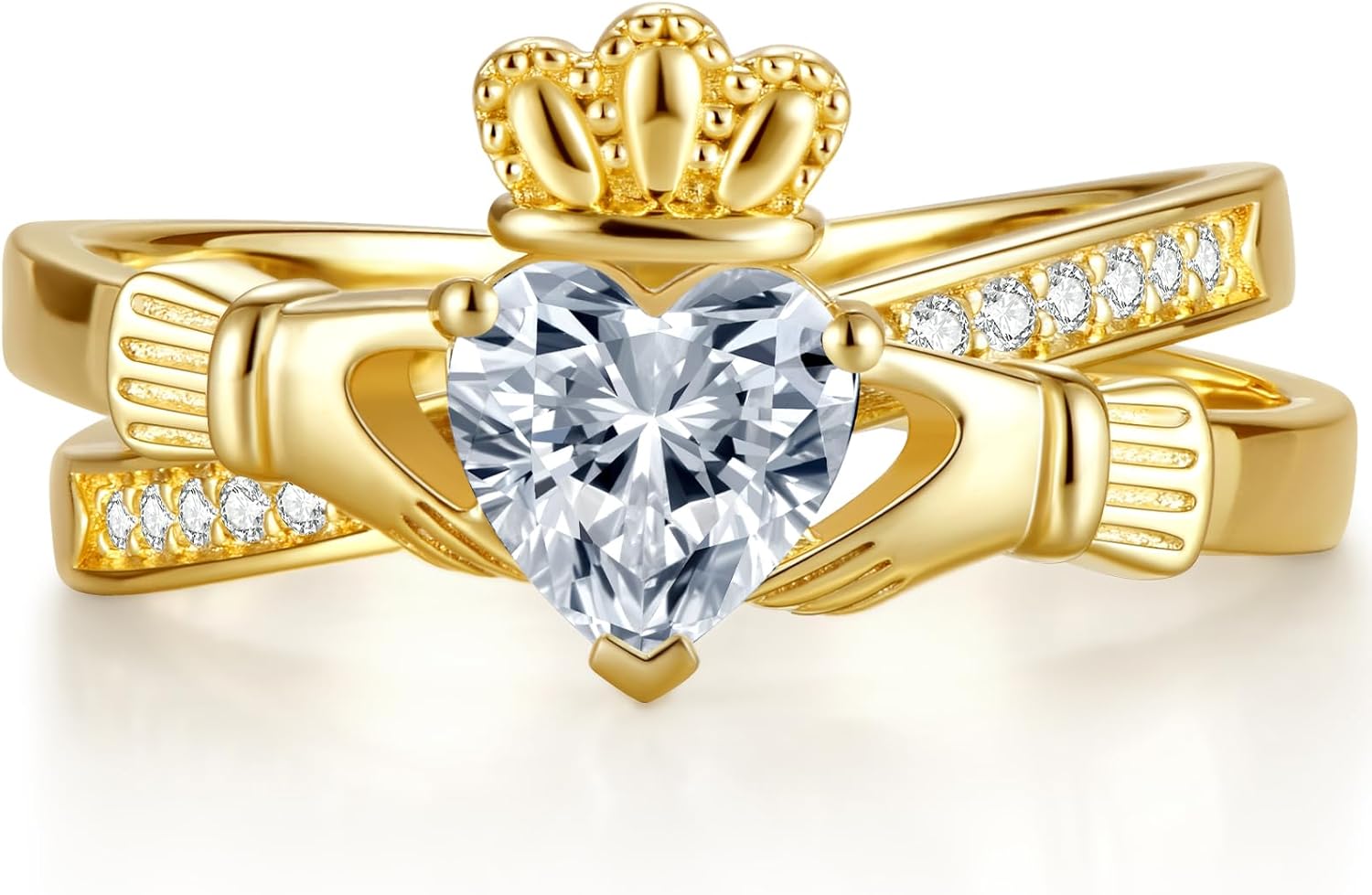 Gold Claddagh Ring for Women, 14K Gold Plated Irish Engagement Wedding Ring - Non Tarnish Promise Ring with 6.5mm Heart Simulated Diamond - Anniversary Christmas Gifts for Her Size 5-10