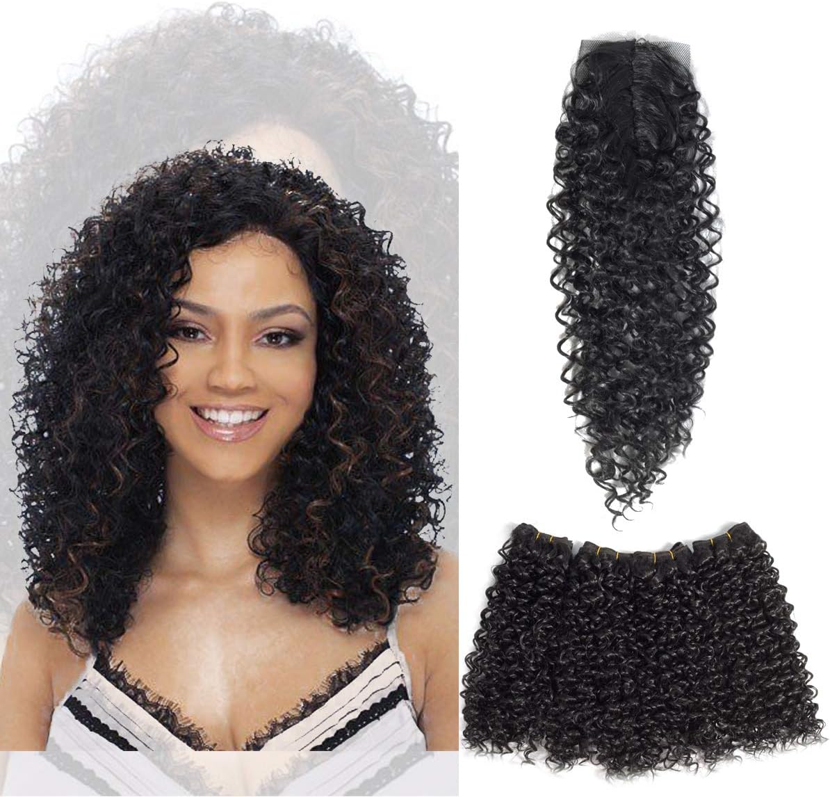 Kinky Curly Hair Bundles with Closure Ombre Kinky Curly Weave Human Hair Extensions 4bundles With Closure Synthetic Hair Bundles 16 inch 50g/Bundle (16inch, 1B)