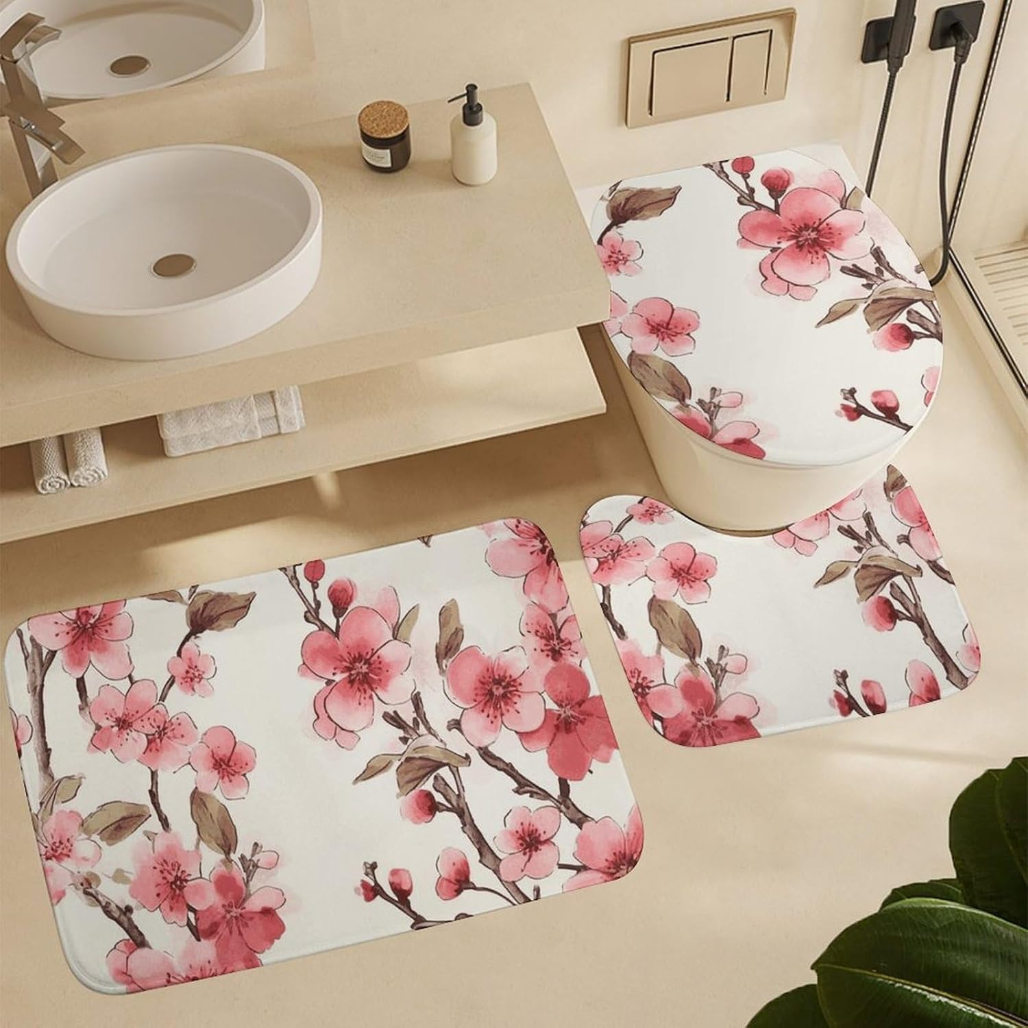Cherry Blossom Shower Curtains Set 4 Piece with Non-Slip Rugs, Toilet Lid Cover and Bath Mat Soft Bathroom Carpet Waterproof Bathroom Curtain with 12 Hooks for Bathroom Decor