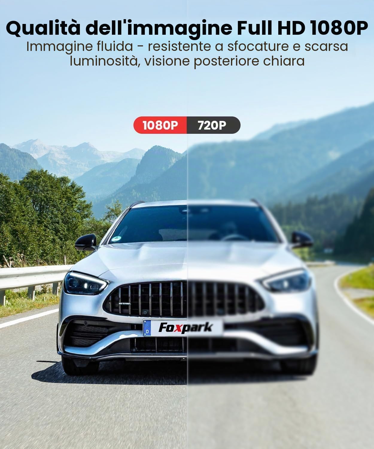 Foxpark Telecamera solare retromarcia senza fili: installazione rapida 2 minuti, HD 1080P, monitor 5 pollici, visione notturna, IP69K, impermeabile