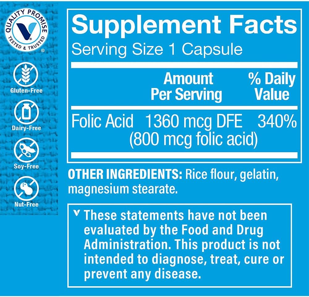 The Vitamin Shoppe Folic Acid 800MCG, Supports Prenatal Fetal (300 Capsules)