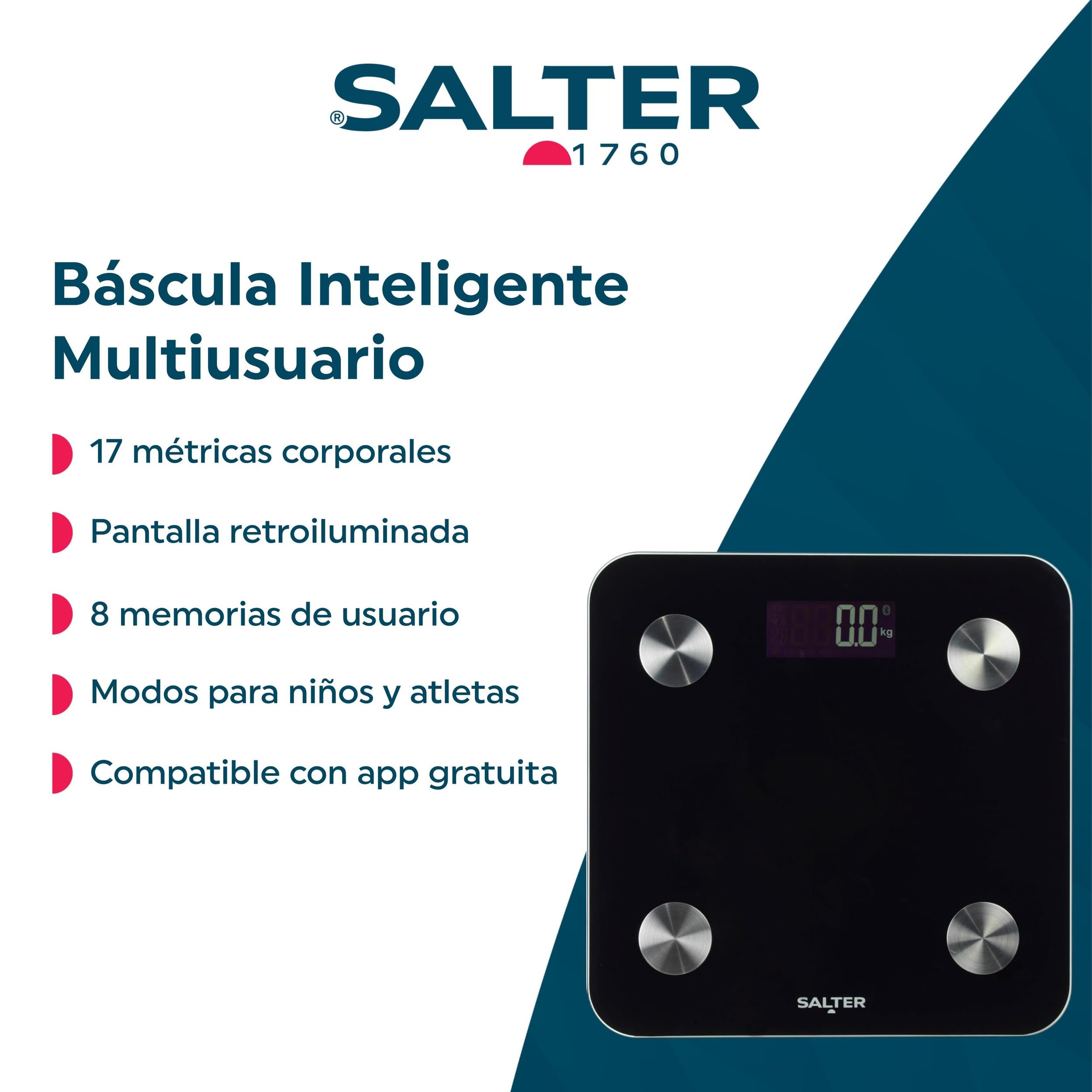 Salter Báscula inteligente - capacidad de 180 kg, 17 métricas corporales, aplicación Salter Health, grasa corporal/agua, masa muscular/ósea, IMC y TMB, 8 memorias de usuario, negro