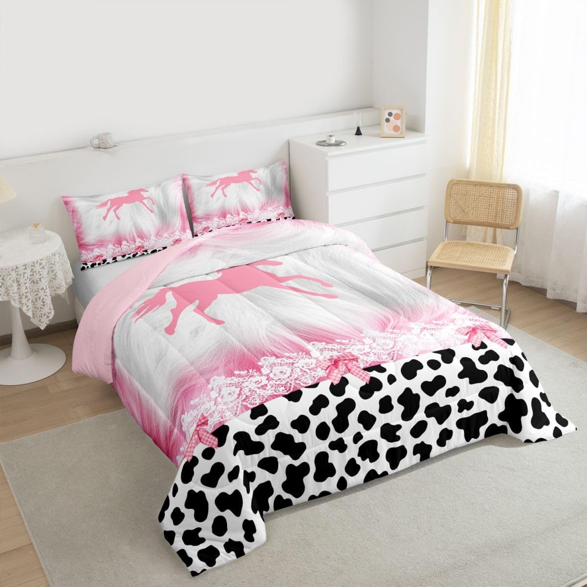 Feelyou Pink Cow Girl Comforter Set Western Horse Decor Comforter for Kids Teens Pink White Cow Fur Bedding Set Cowhide Pink White Duvet Set Room Decor Quilt Full Size Boys