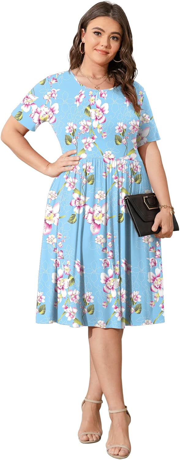 POSESHE Womens Plus Size Summer Dress 2026 Casual Short Sleeve Empire Waist Loose Fit Swing T-Shirt Dress with Pockets - Image 4