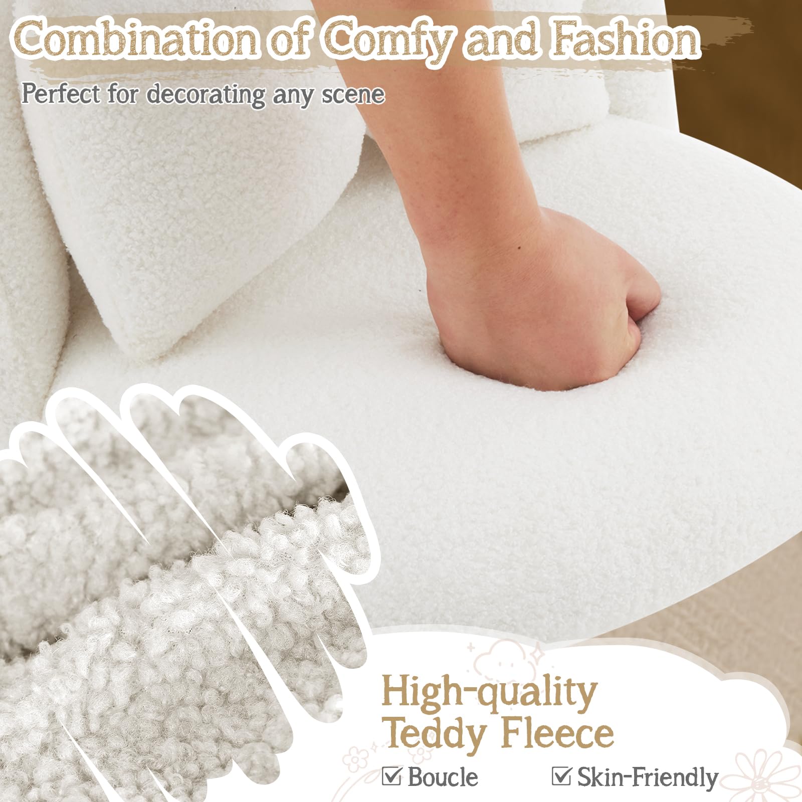 Bonnlo Silla de Maquillaje, Silla Tocador, Sillas de Comedor, Patas Doradas Ajustables y cojín con Lazo para Dormitorio, Sillón Salón para Tocador u Oficina en Casa (Tejido Teddy, Blanco)