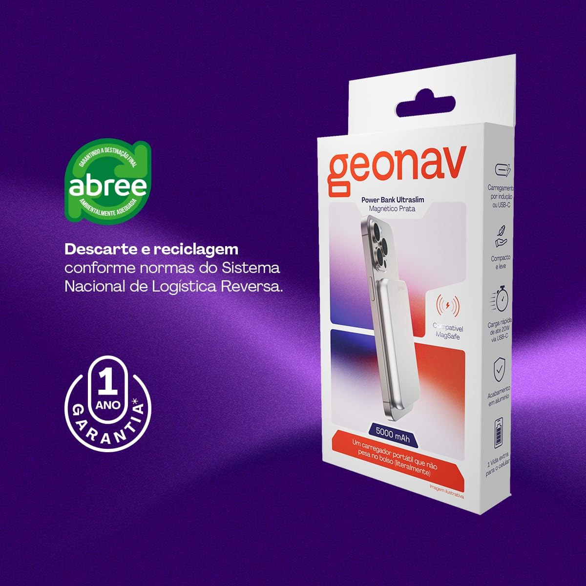 Geonav Power Bank, Carregador Portátil Universal por Indução 5.000mAh, Ultraslim Carregamento rápido, Compatível com MagSafe®, PB5KALMAGSV, Prateado