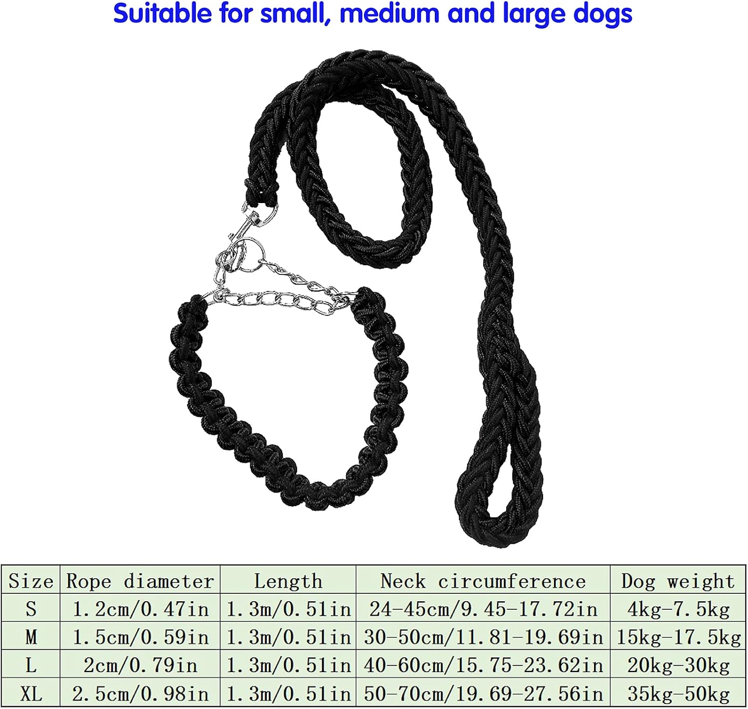 Dog Rope Heavy Duty Dog Woven Leash Collar Set Nylon Eight Strand Braided Lead Pet Walking Training Rope Non-slip Handle Collar for Small Medium Large Dogs (Black - Image 5