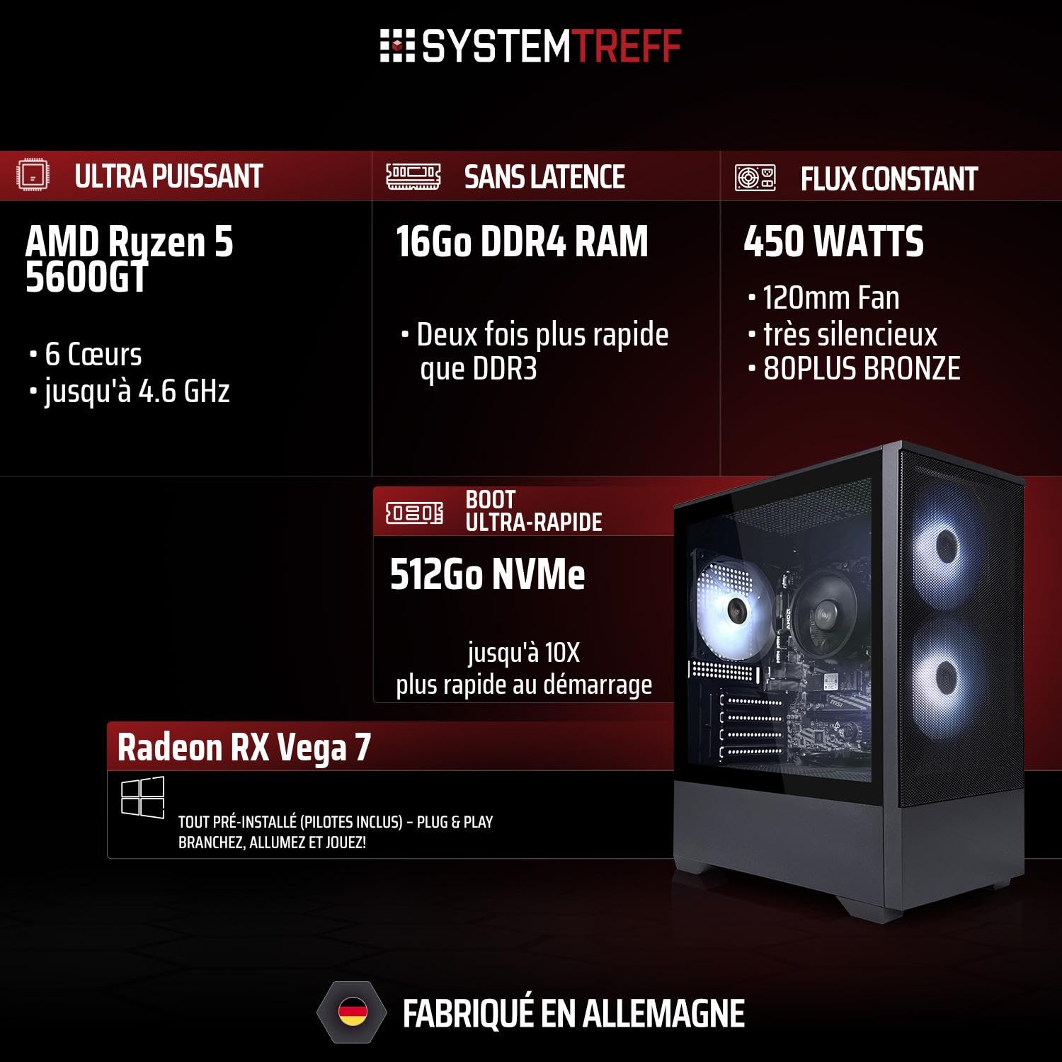 SYSTEMTREFF PC de Bureau AMD Ryzen 5 5600GT 6x4.6GHz | Radeon RX Vega 7 4K | 512Go M.2 NVMe | 16Go DDR4 RAM | Windows 11 | Ordinateur de Bureau Silencieux avec pour Usage Professionnel multimédia