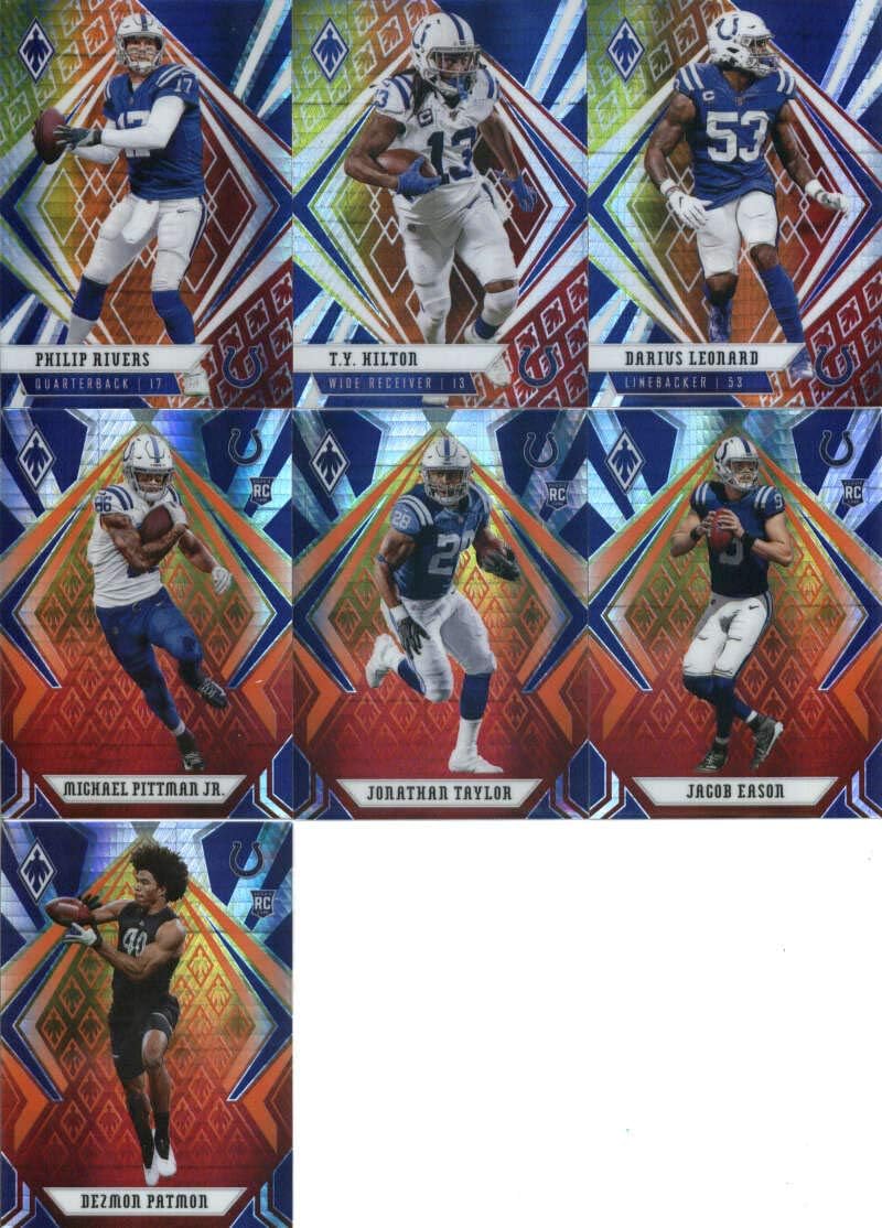 2020 Phoenix Fire Burst Indianapolis Colts Team Set of 7 Cards: Philip Rivers(#52), T.Y. Hilton(#53), Darius Leonard(#54), Jacob Eason(#116), Jonathan Taylor(#118), Michael Pittman Jr.(#122), Dezmon Patmon(#185)