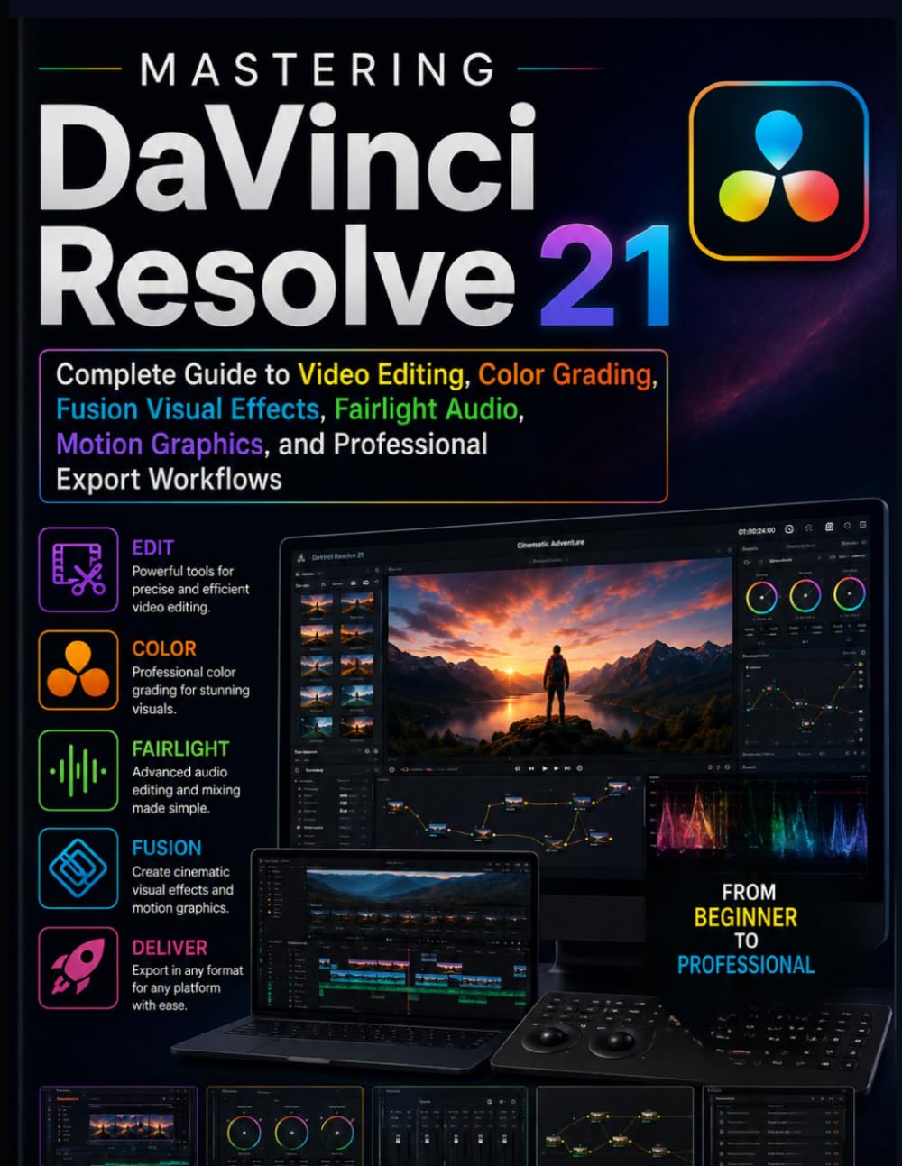 Mastering DaVinci Resolve 21: Complete Guide to Video Editing, Color Grading, Fusion Visual Effects, Fairlight Audio, Motion Graphics, and Professional Export Workflows