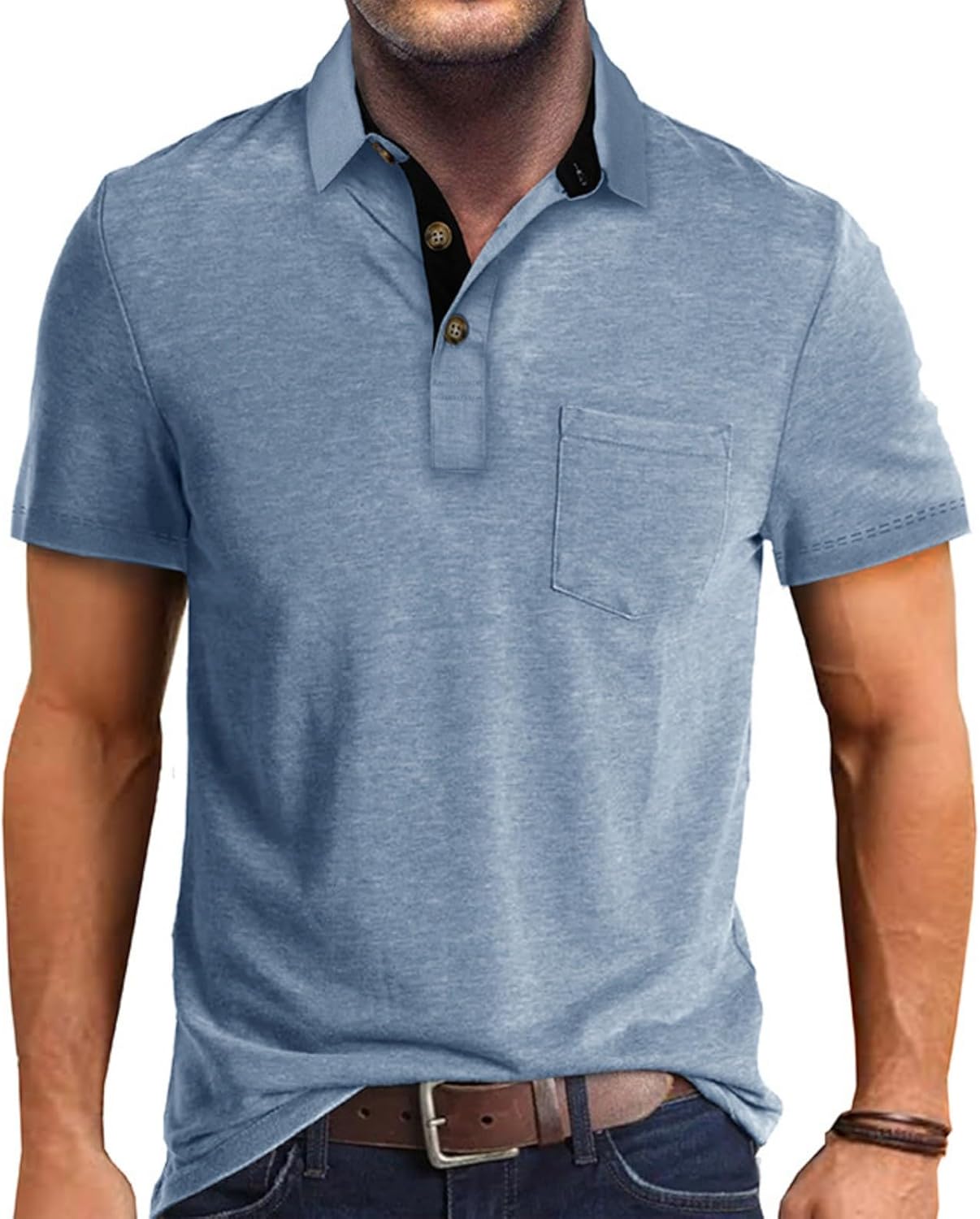 Men's Casual Long/Short Sleeve Polo Shirts Button Classic Cotton Shirt Work Collared Stylish Golf Shirt with Pocket