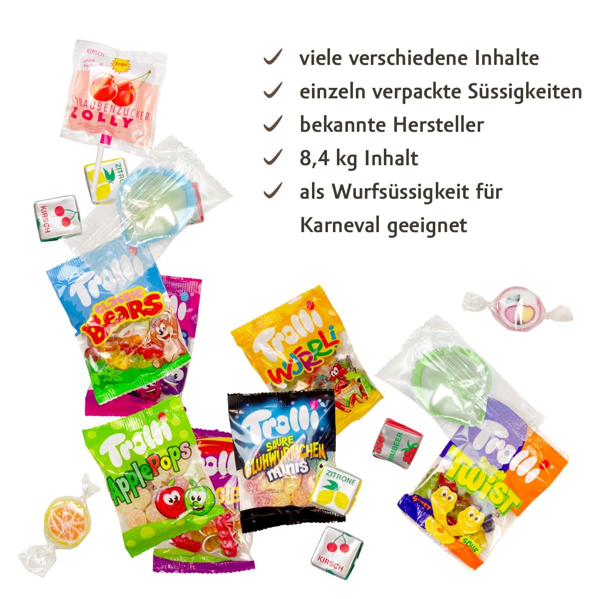 Karneval-Wurfmaterial mit Süßigkeiten – 8,4 kg bunte Auswahl an abgepackten Süßigkeiten für Fasching und Karneval – Spaß für Groß und Klein