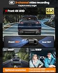 3 Channel 4K Dash Cam, 2160P+1080P+1080P Front and Rear Inside Car Camera with 64GB Card, WiFi Built-in GPS, 3“ IPS Screen, IR Night Vision, G Sensor, WDR(F3)