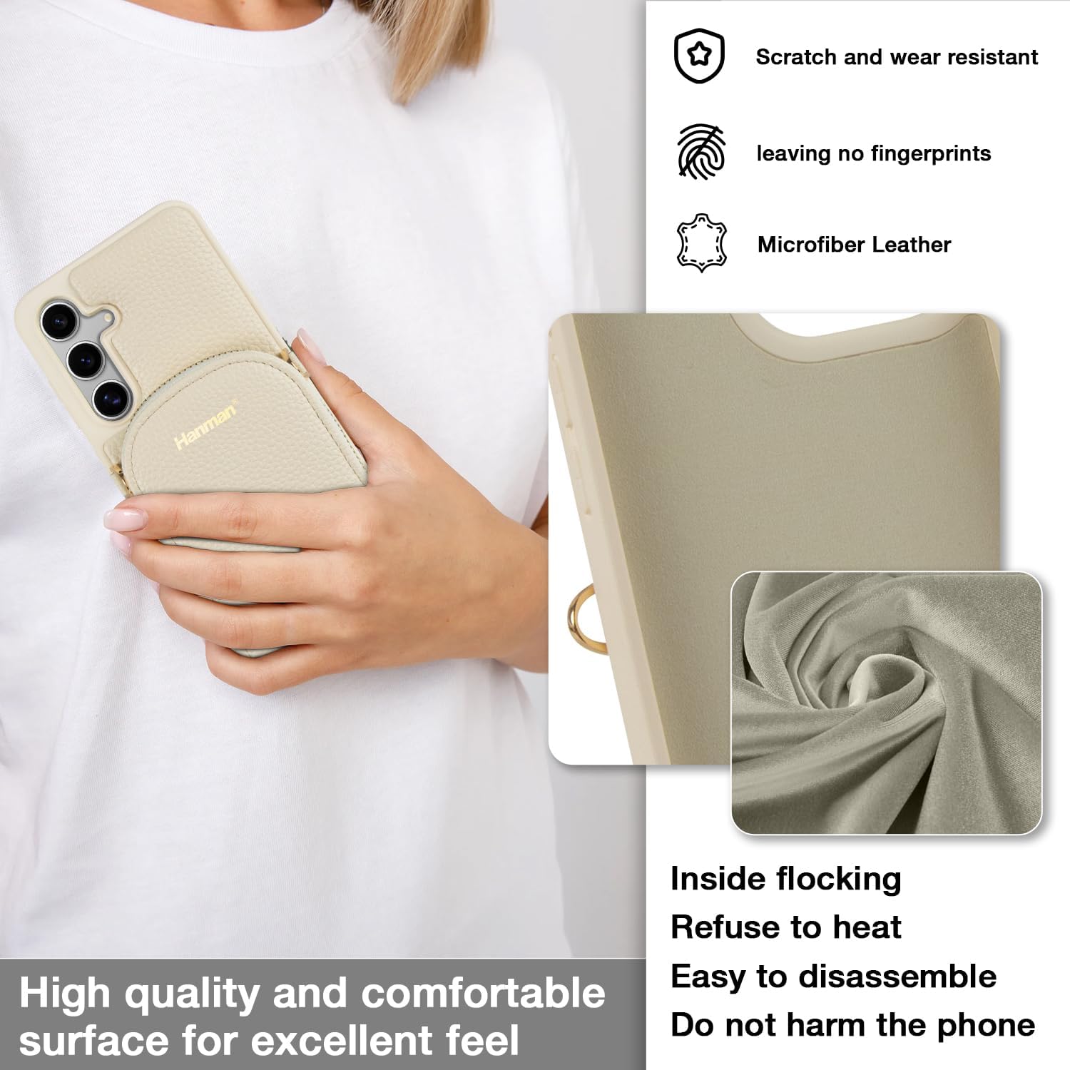 Hanman Crossbody Wallet Case for Galaxy S24, RFID Blocking PU Leather Zipper Handbag Purse Cover, Suitable for Galaxy S24, Leather Wallet Case for Woman & Girls - Beige