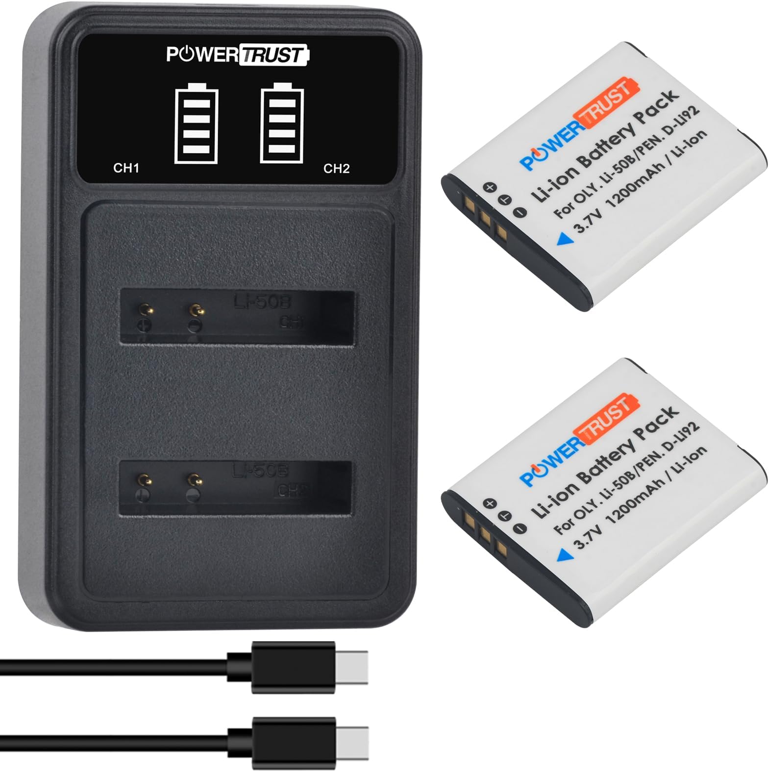 Li-50B Li50B D-Li92 Battery + Charger with Type-C Port for Olympus SP 810 800UZ u6010 u6020 u9010 SZ12 SZ15 SZ16 D755 u1010 SZ30 SZ20 and for Pentax XZ-1 SP-800UZ
