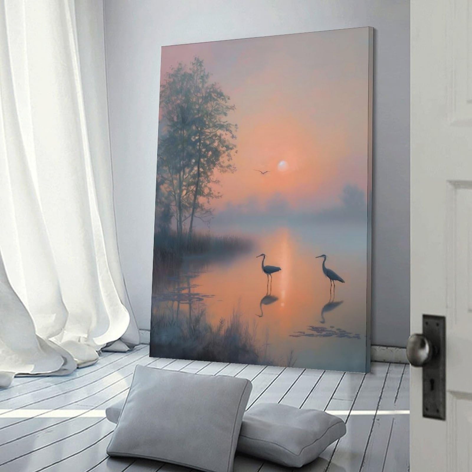 Junmoney Wall Art Print Foggy Morning Herons, 20x30inch(50x75cm), for Study, Office Or Focused Interiors, Decorative Artwork for Productive Spaces