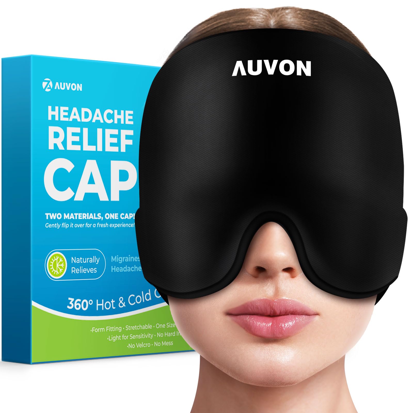 AUVONMigraine Relief Cap for Cold Therapy, Patented Odorless Headache Hat with Extra 20% Gel for Longer Relief, Dual Cooling Reversible Headache Relief Cap, Migraine Hat for Tension, Headache, Sinus