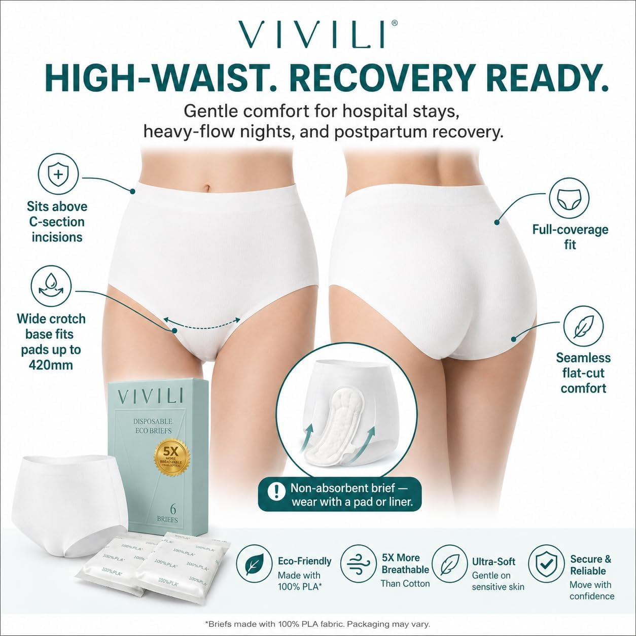 Disposable Underwear for Travel & Postpartum (6 Ct) - Individually Wrapped Zero-Laundry High-Waist Briefs for Business Trips, Period & Hospital Stay | Bio-Silk, pH 4.5, Plant-Based (S/M)