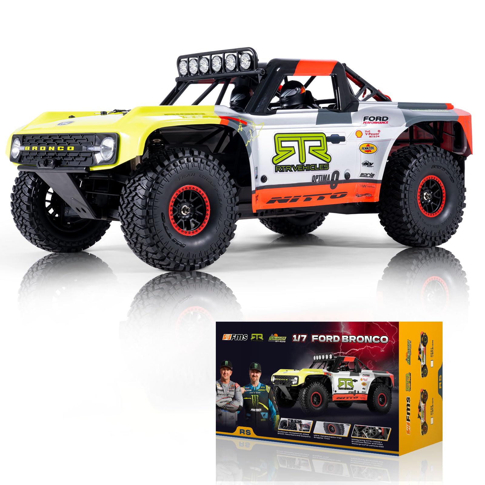 FMS 1/7 Ford Bronco U4 RTR EB RC Truck, Hobby RC Crawler with Brushless Motor & ESC, Remote-Controlled Lighting, Up to 80km/h Speed (2025)