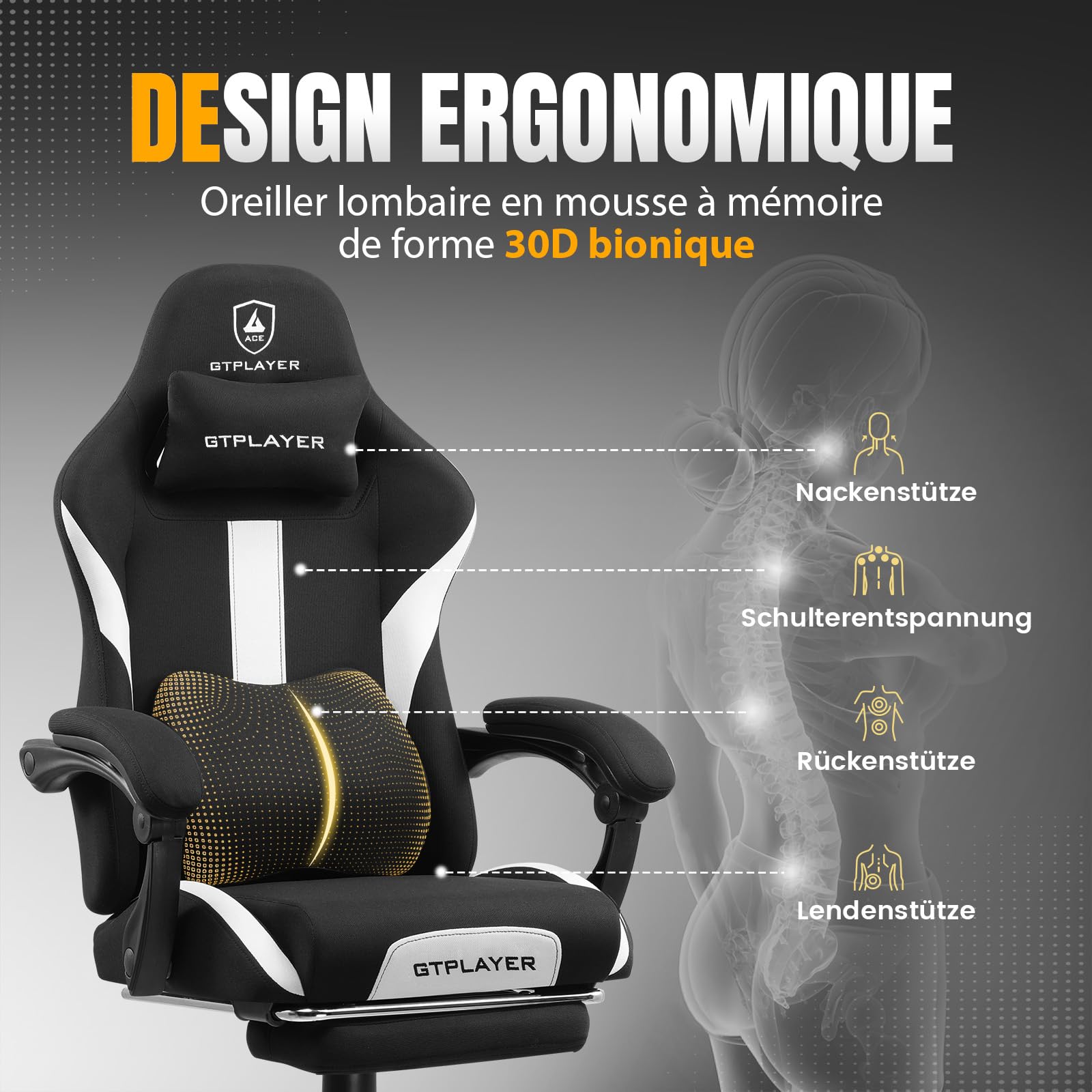 GTPLAYER Chaise de Gamer, Chaise de Bureau, Respirante, en Tissu de qualité supérieure, Ergonomique, réglable et pivotante, avec Repose-Pieds, Supporte 150 kg, Blanche