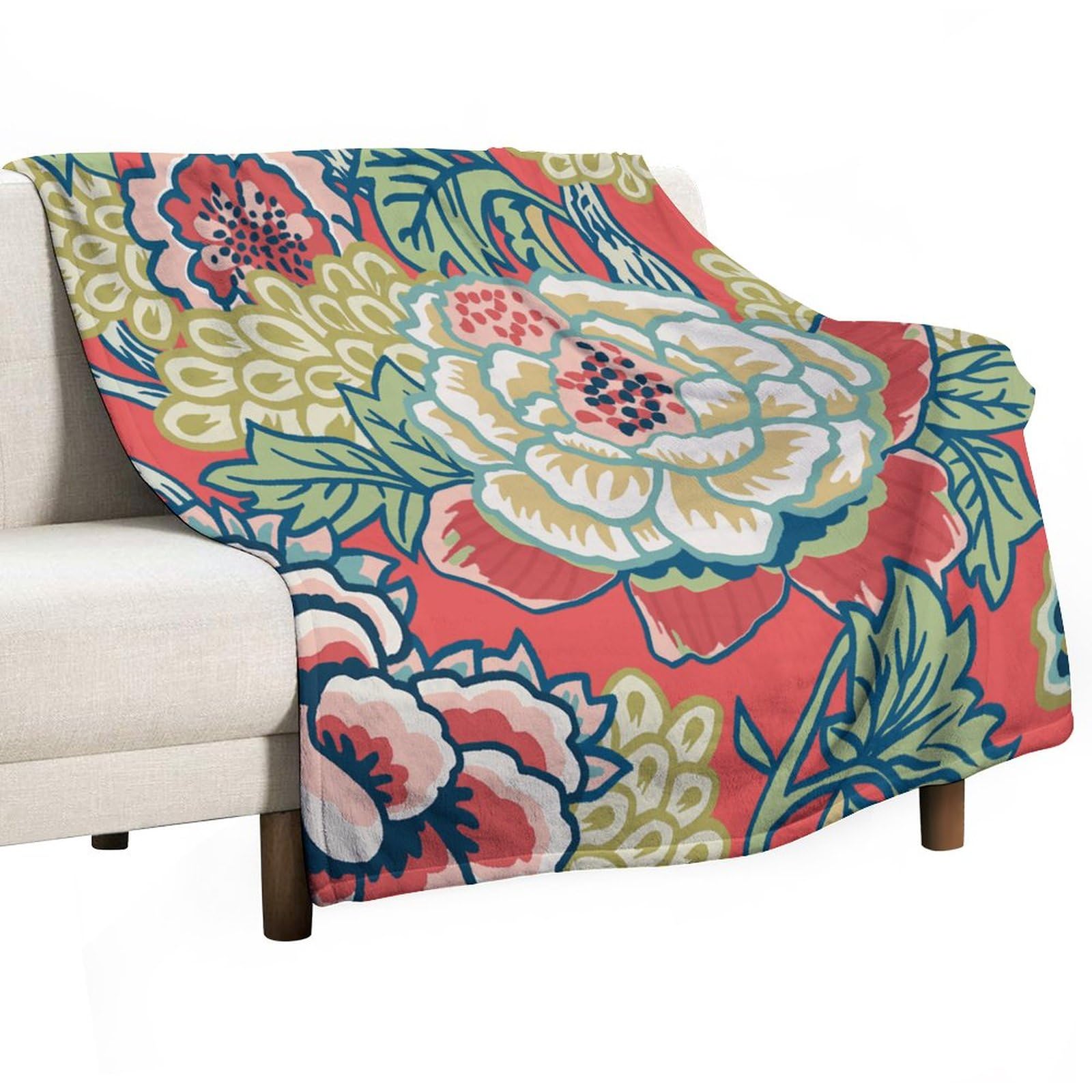 Plaid polaire haut de gamme pivoine turquoise : flanelle Chinoiserie luxe 177x203cm