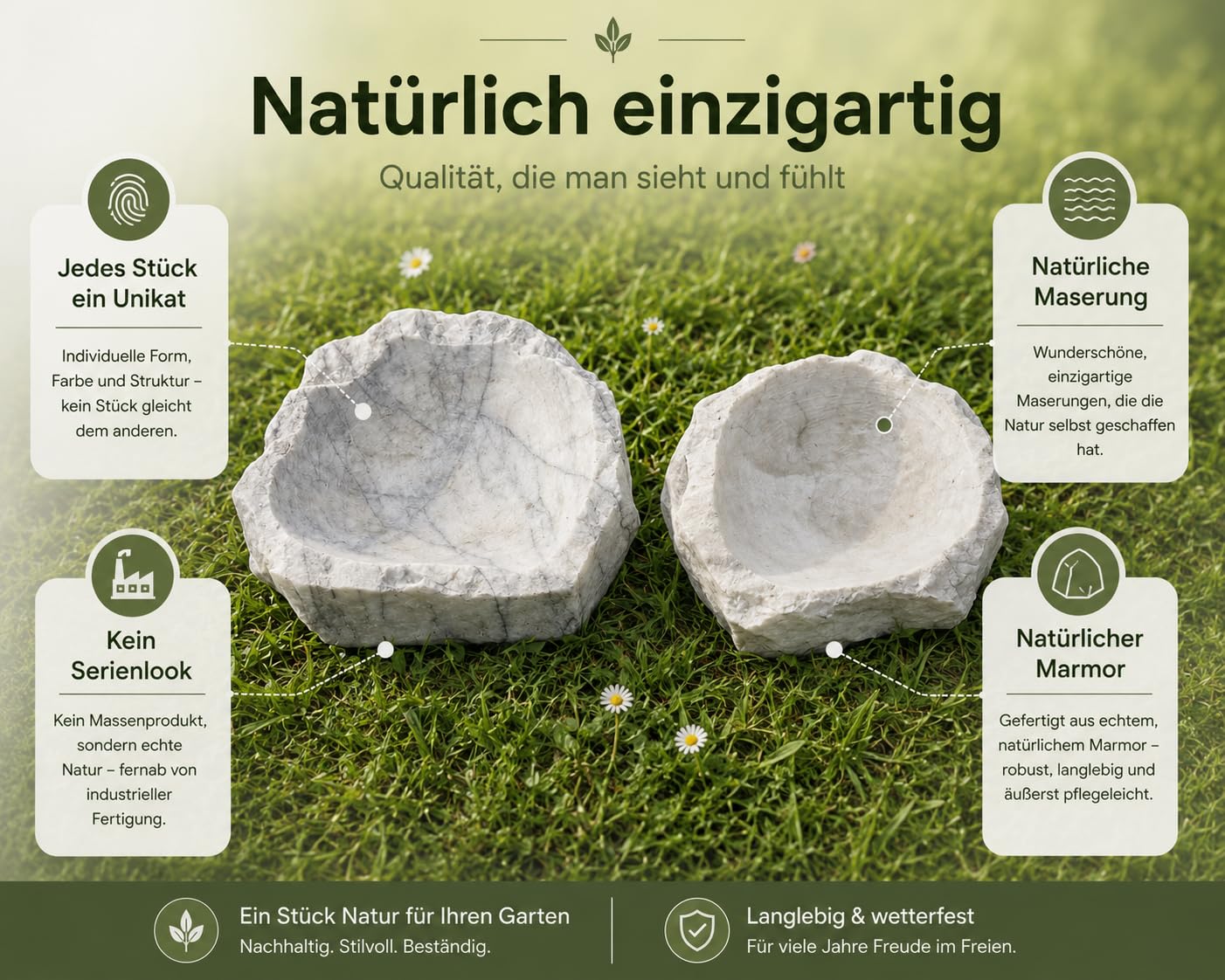 Marmor Vogeltränke | | Trinkbecken Tränke für Vögel aus massivem Stein |Stilvolle Garten-Dekoration | Hell Grau