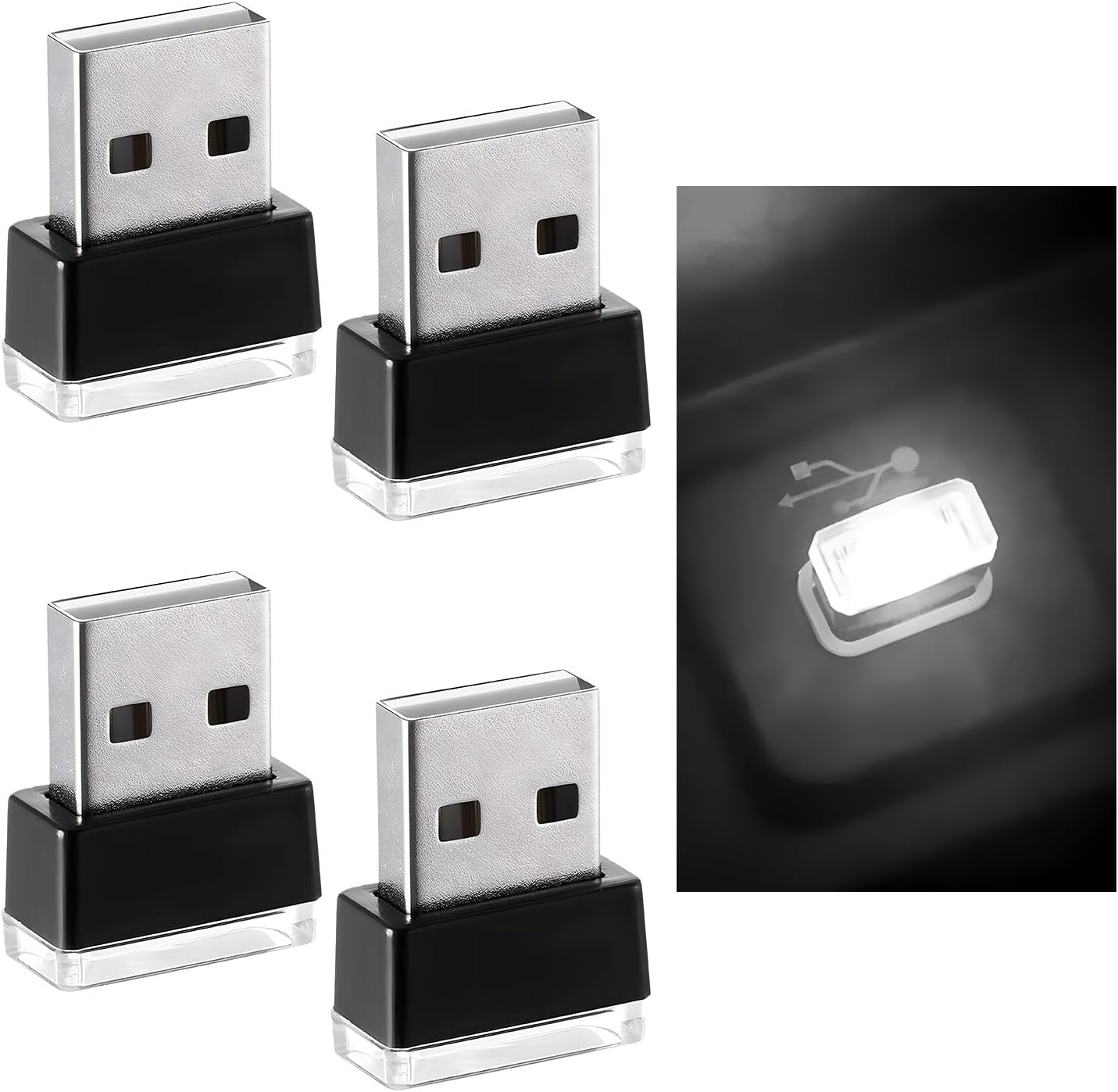 Augeny 4 PCS USB LED Car Interior Atmosphere Lamp, Plug-in USB Decor Night Light, Portable Auto Ambient Lighting Kit, Universal Vehicle Interior Accessories for Most Cars (White)
