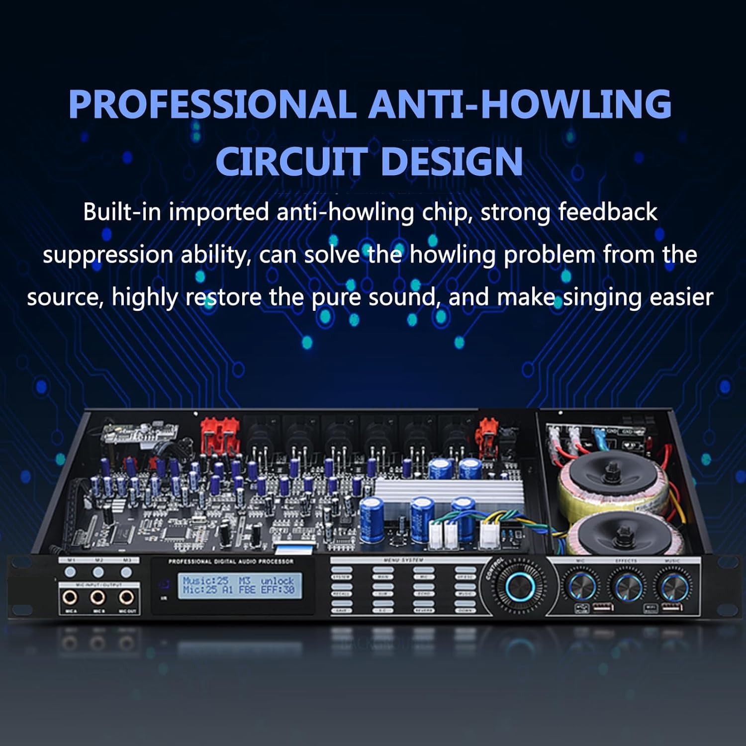 Professional Anti-Howling Audio Processor for Karaoke and Meetings - 5-Channel Input, Mobile App Control, DSP Reverberation, LCD Display(Lotus Wire)