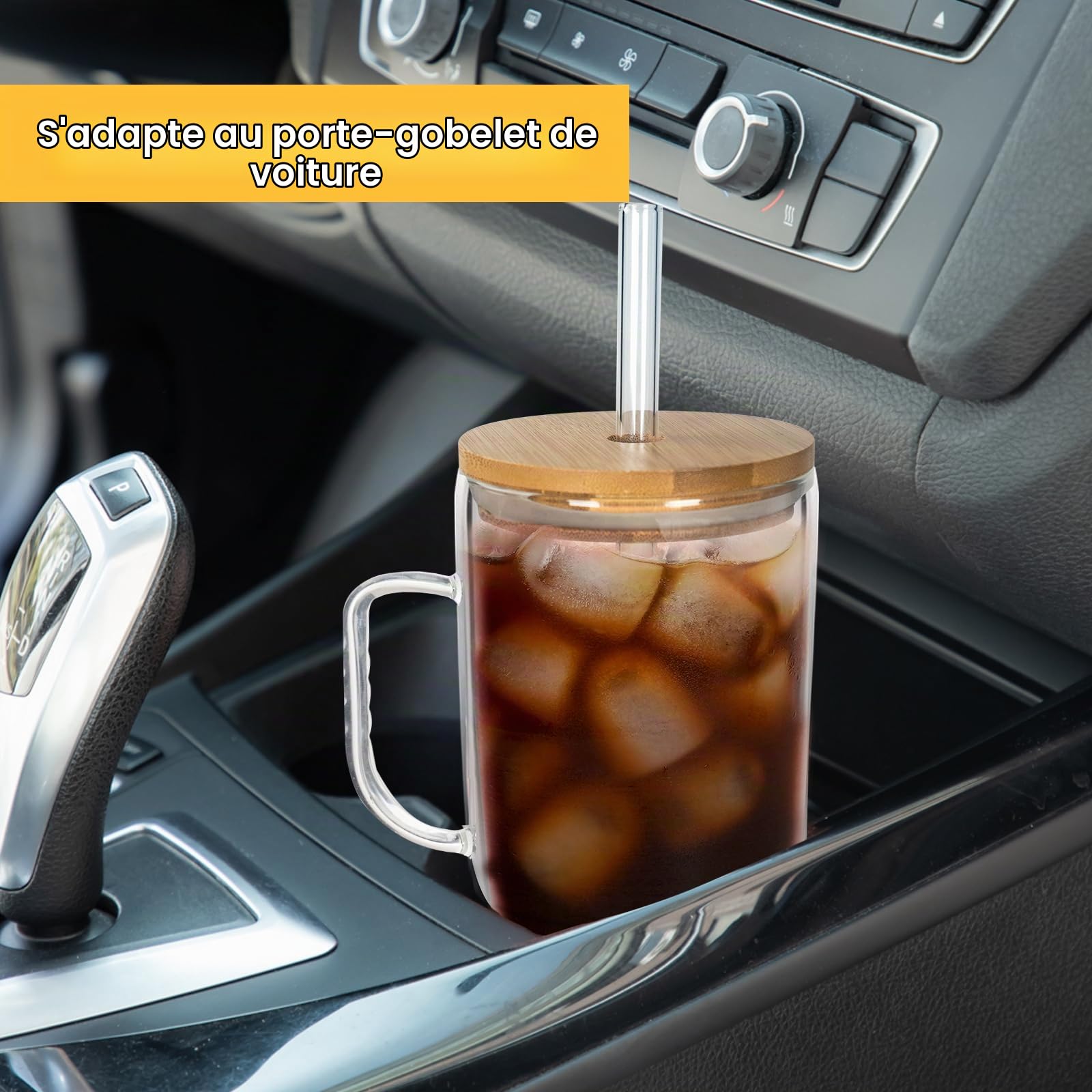 ANOTION Tasses en verre avec couvercles et pailles – Gobelet de 1200 ml avec poignée et paille – Bouteilles d'eau en verre avec pailles – Tasses à café glacé – Tasse à café de voyage – Gobelet à