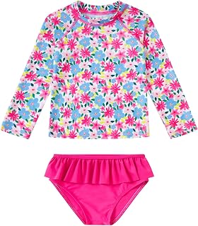 UNIFACO Girls Swimsuit Two Piece Long Sleeve UPF 50+ Bathing Suit, 2-8T | Soft Quick-Dry Stretch Fabric, Elastic Waistband And Ruffled Bottom For Comfortable Pool, Beach, And Water Park Wear