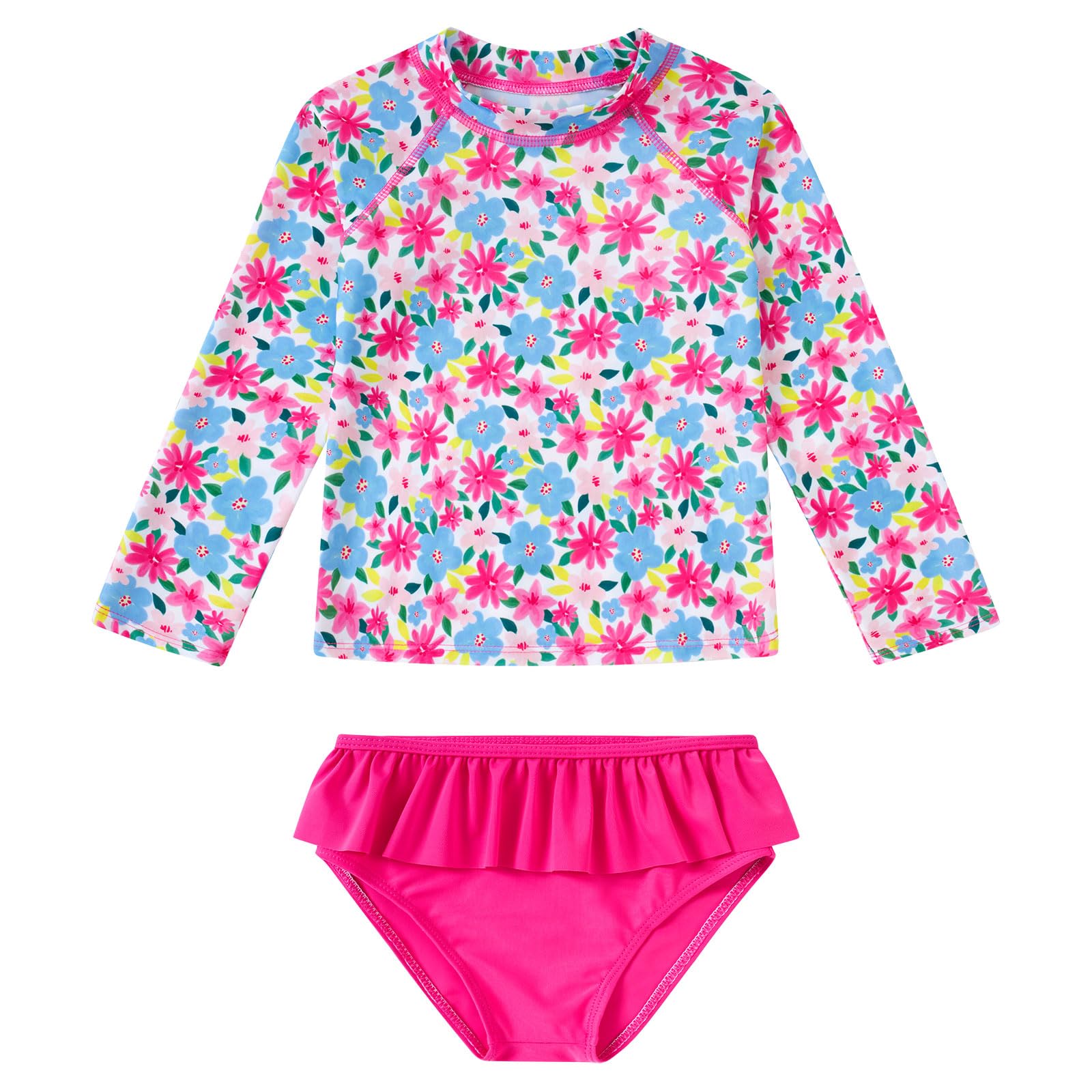 UNIFACO Girls Swimsuit Two Piece Long Sleeve UPF 50+ Bathing Suit, 2-8T