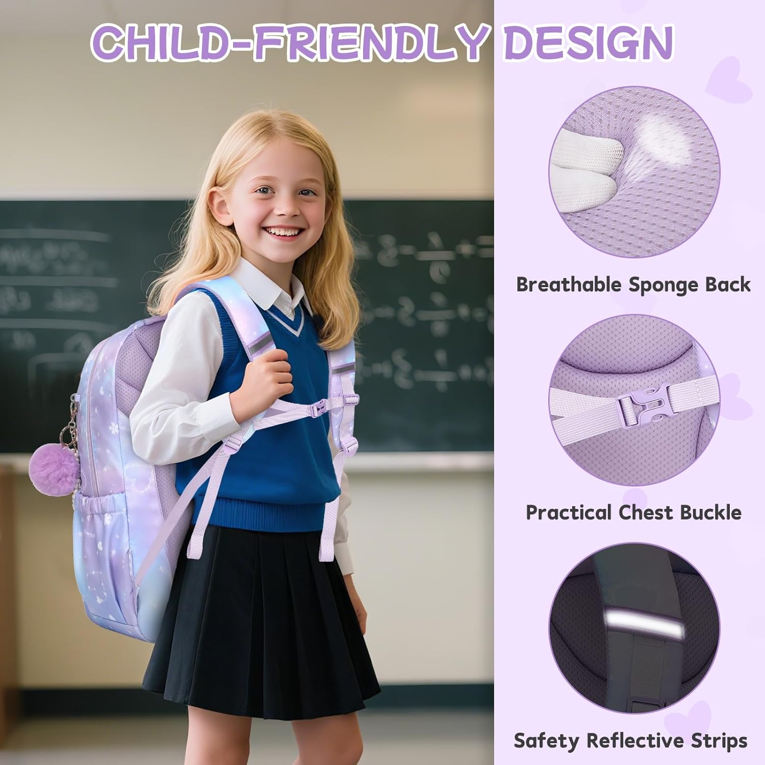 Girls Backpack, School Backpack for Girls, Cute Bow Kids Bookbag for Grils Children Teens for Elementary Middle High School Student, Back To School, Purple Sakura