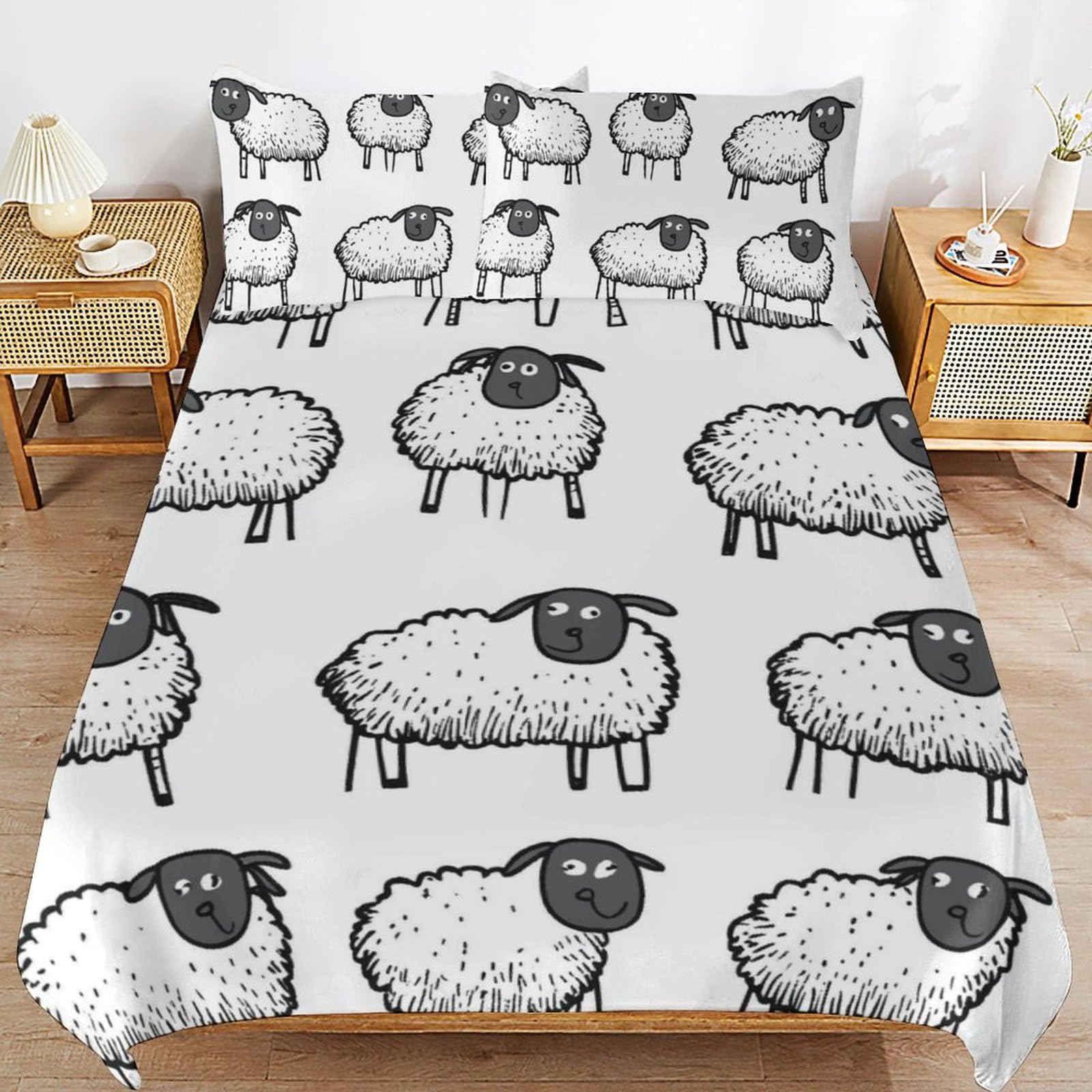 Juego de cama de oveja de microfibra de 3 piezas con cremallera y 2 fundas de almohada para niños