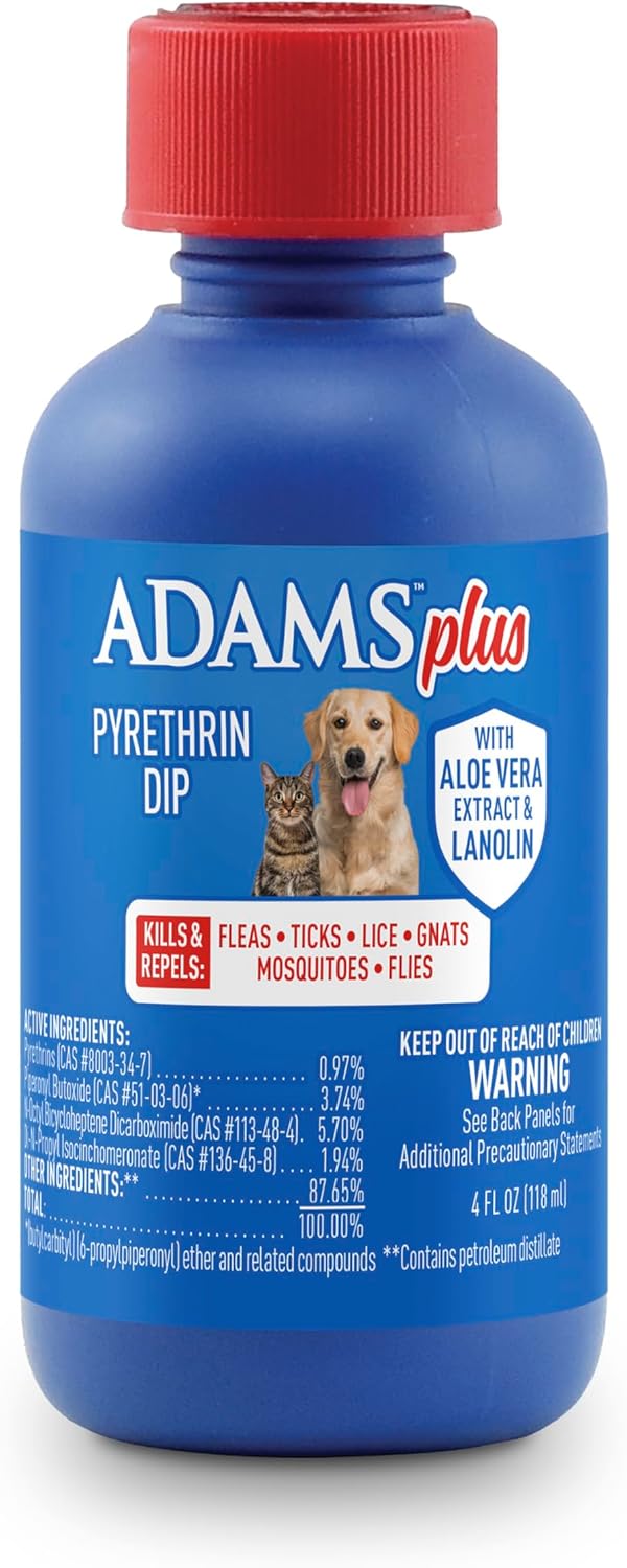 ADAMS Plus Pyrethrin Dip For Dogs and Cats, Kills and Repels Fleas, Ticks, Lice, Gnats, Mosquitoes and Flies, 4 fl oz