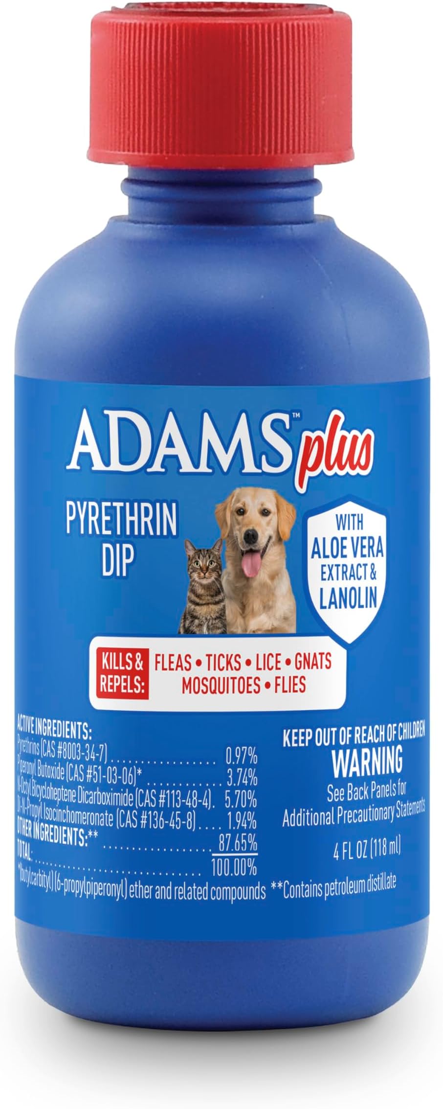 ADAMS Plus Pyrethrin Flea Dip for Dogs and Cats, Kills and Repels Fleas, Ticks, Lice, Gnats, Mosquitoes and Flies, for Dogs, Cats, Puppies, & Kittens, 4 Fl oz