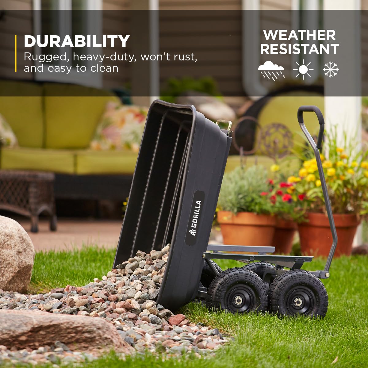 Gorilla Carts GOR4PS Poly Garden wózek na wywrotke ze stalowa rama i 25 cm opony pneumatyczne, pojemnosc 600 funtów, czarny