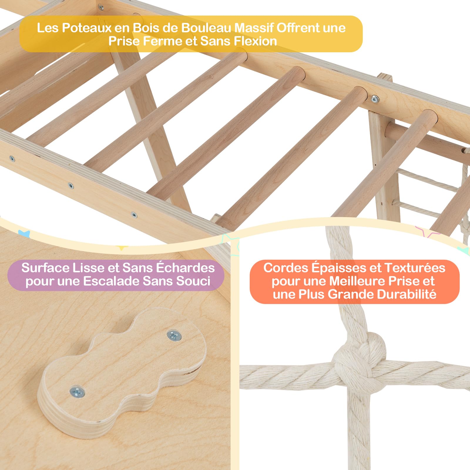 COSTWAY 6 en 1 Aire de Jeux d'escalade Intérieure en Bois avec Toboggan & Rampe, Triangle d'escalade Montessori Enfant avec Échelle & Panier & Barre de Singe, Charge 75kg pour 3-14 Ans