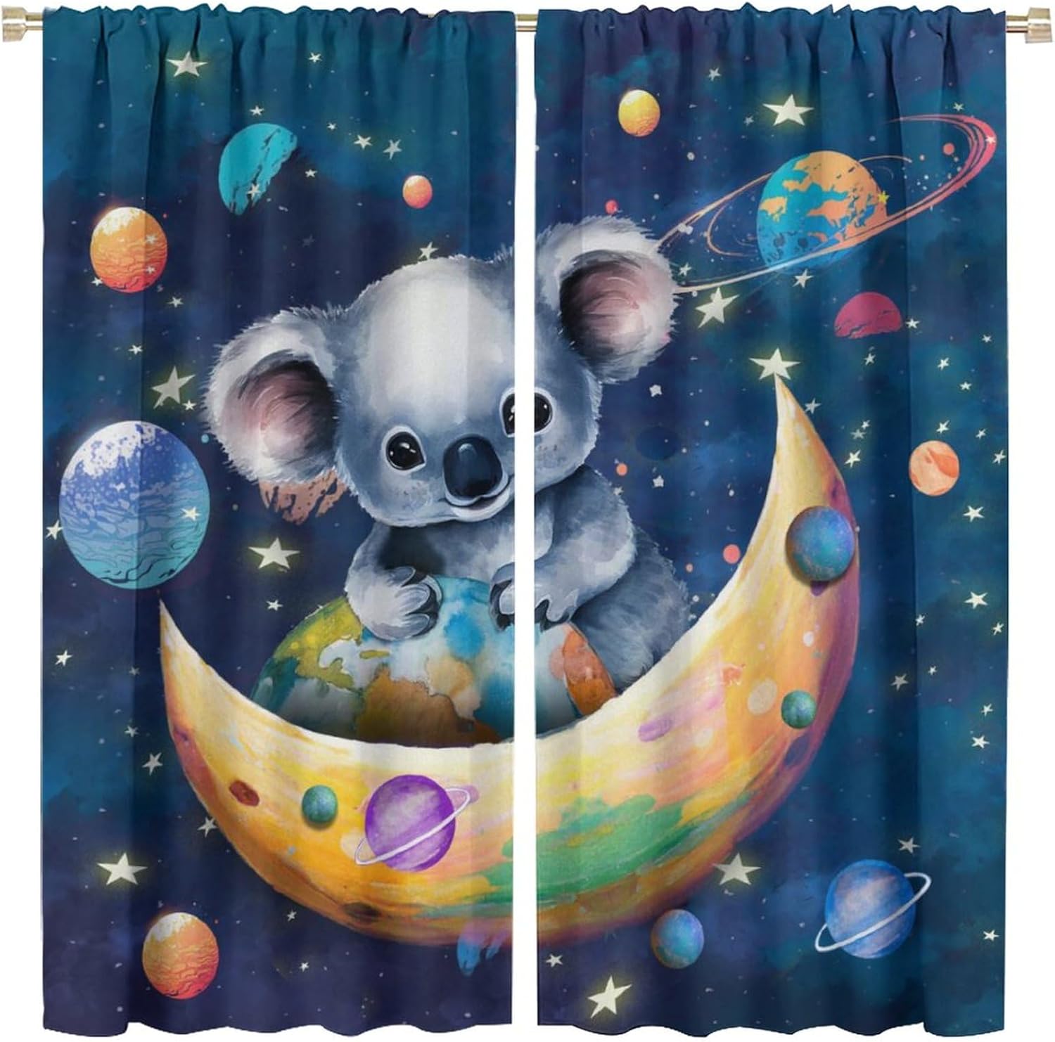 Watercolor Cute Wildlife Koala Blackout Curtains for Living Room, Fantasy Galaxy Outer Space Planet Moon Star Print Room Darkening Window Curtains with Rod Pocket - 2 Panels 45" L x 21" W