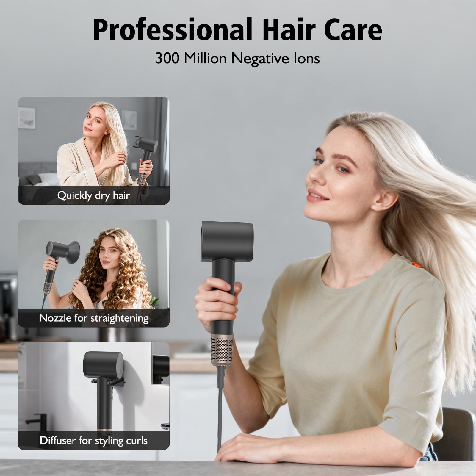 Secador de Pelo Profesional con Difusor y Boquillas, 59 dB de Bajo Ruido Secador de Pelo Iónico, Motor Sin Escobillas de 160.000 rpm, Hair Dryer con 3 Temperaturas y 2 Velocidades, Negro