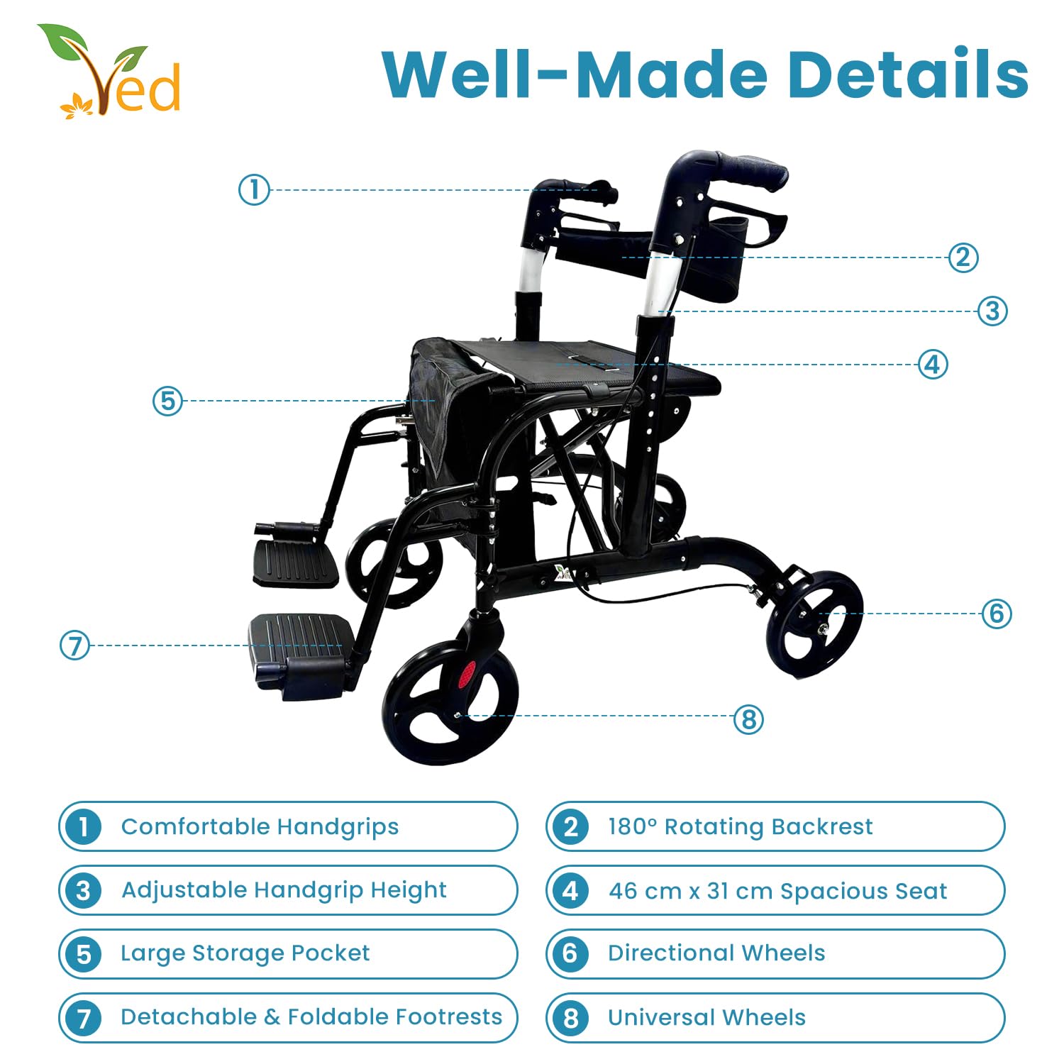 ved Silla De Ruedas 2 En 1 - Diseño Plegable Con Asiento Cómodo, Frenos De Seguridad, Y Altura Ajustable - Ayuda Para Adultos Y Personas Mayores En Movilidad Y Autonomía