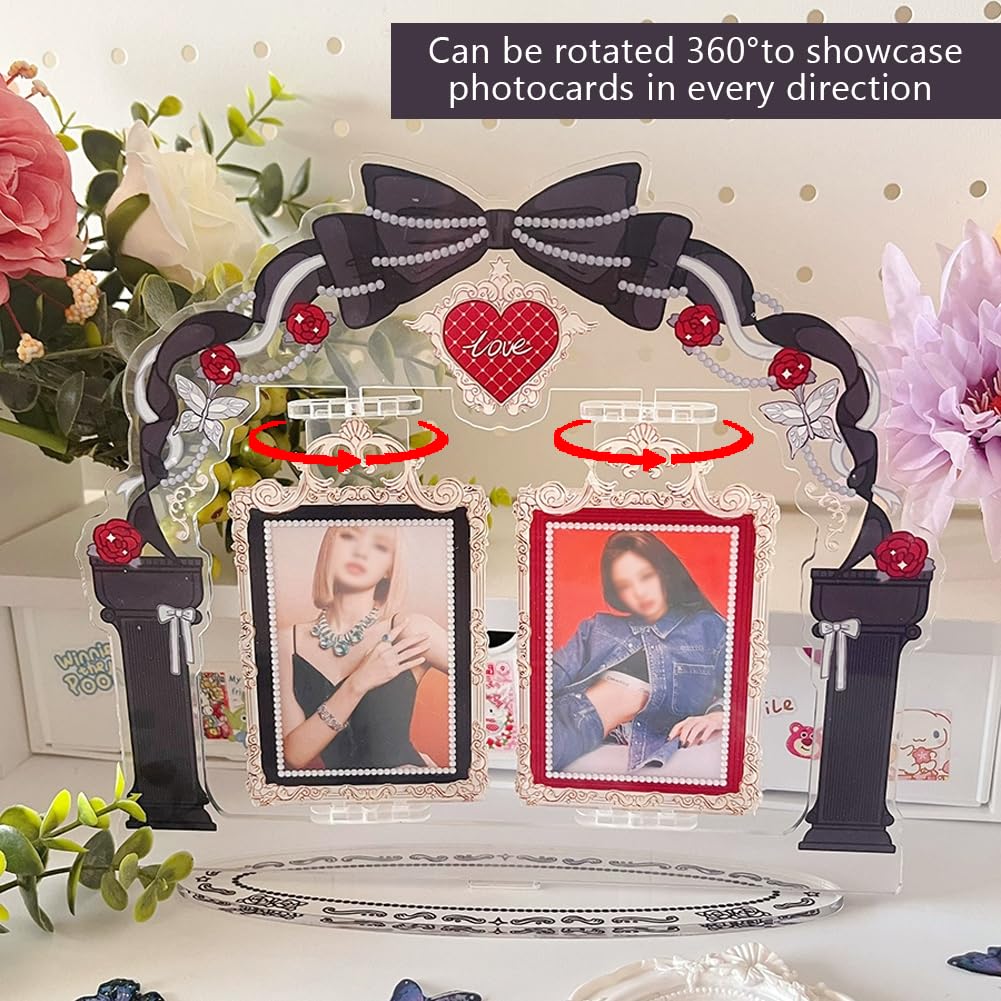 WAYUTO 2PCS Archway Kpop Photocard Holder with Rotating Stands Decorative Pink and Black Bow Acrylic Photo Display Organizer Detachable Desktop Photo Frame for Idols Gift for Kpop Fans