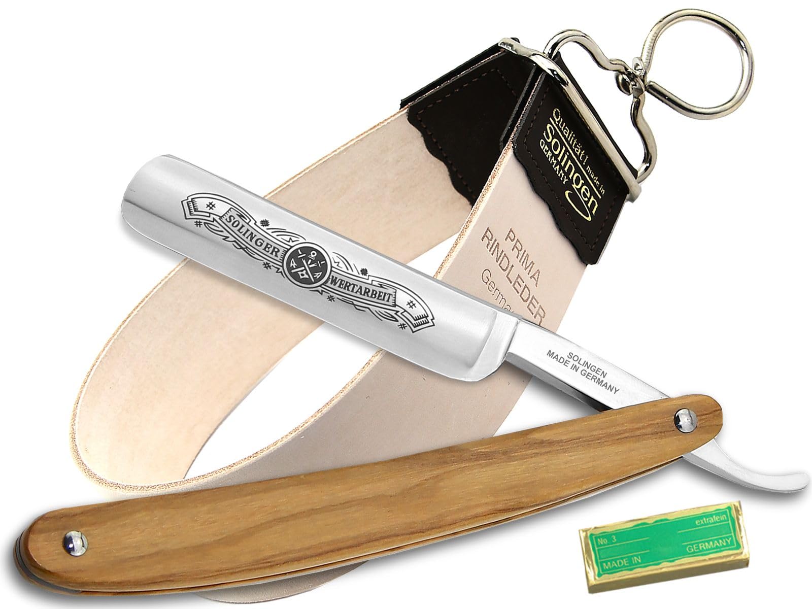 Solingen Rasiermesser-Set Solinger Bartmesser Streichriemen und Paste | Traditionelles Nassrasur Rasiermesser mit Olivenholzheft / Solinger Streichriemen und schärf Paste aus Made in Germany