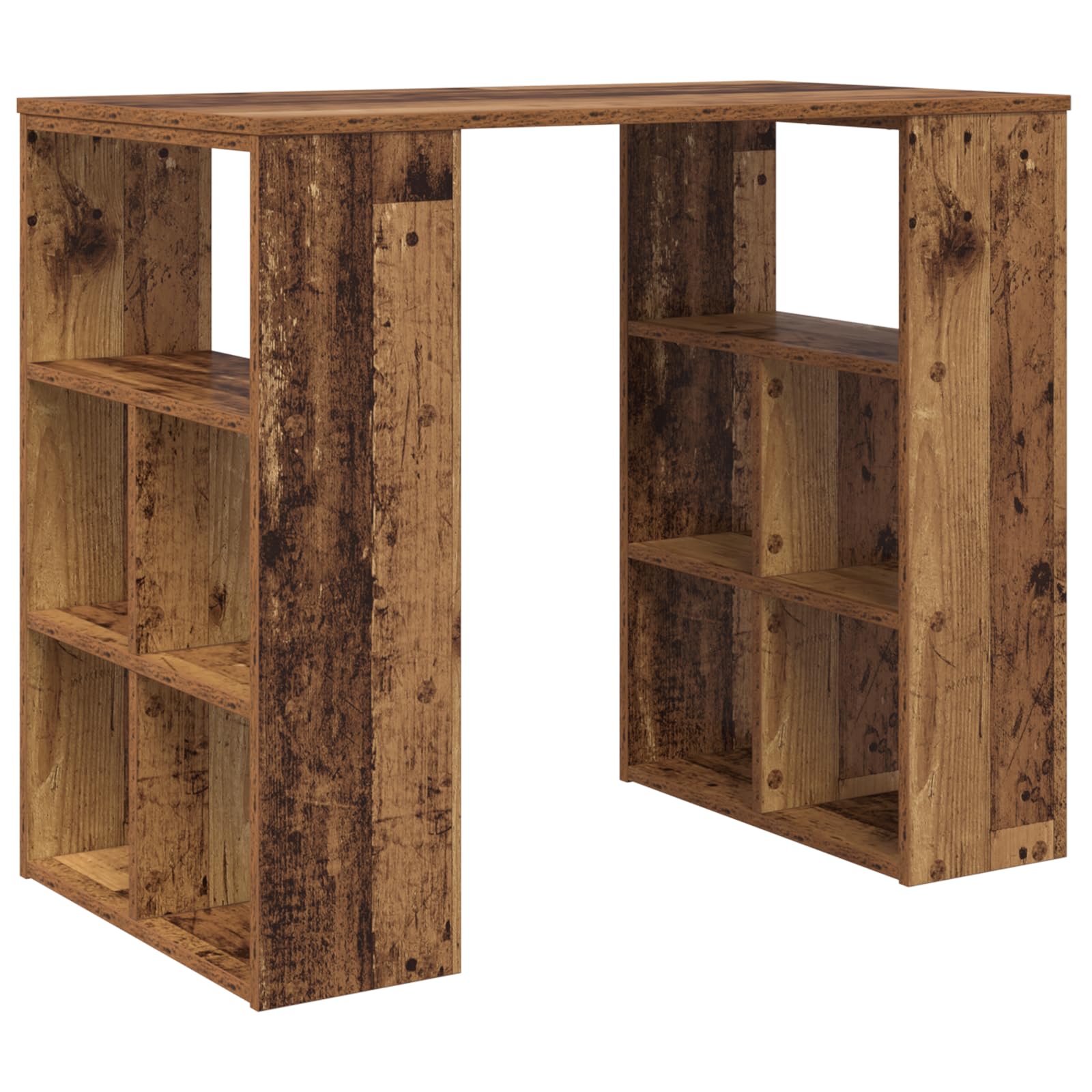 Eckschreibtisch aus Massivholz Altholz Old Wood mit verwitterter brauner Oberfläche und Regalen für Büroorganisation, minimalistisches Design, platzsparend, einfach