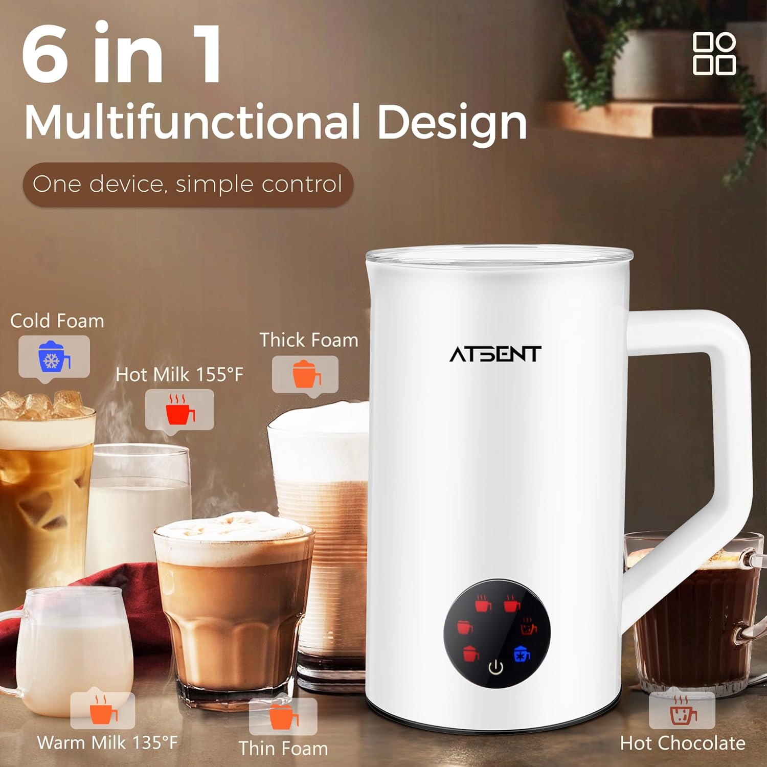 Milk Frother and Steamer, 6-in-1 Hot and Cold Foam Maker, Electric Milk Steamer with Auto Shut-Off and Milk Warmer for Coffee, Latte, Cappuccino, Hot Chocolate, (White)