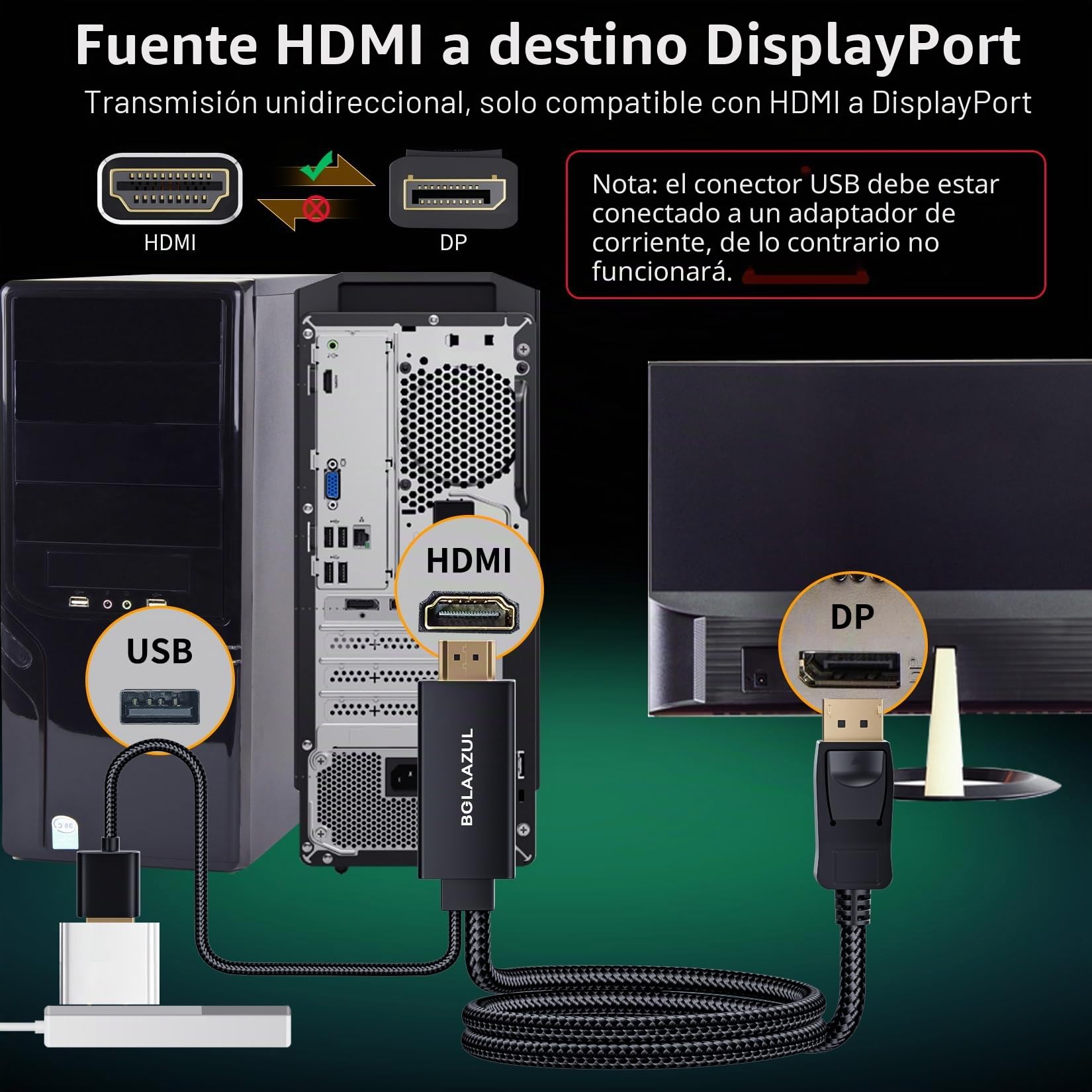 BolAAzuL Cable HDMI a DisplayPort 4K @60Hz Negro, Unidireccional, Monitor Alimentado por USB, Entrada HDMI Macho a DP Macho Salida Convertidor