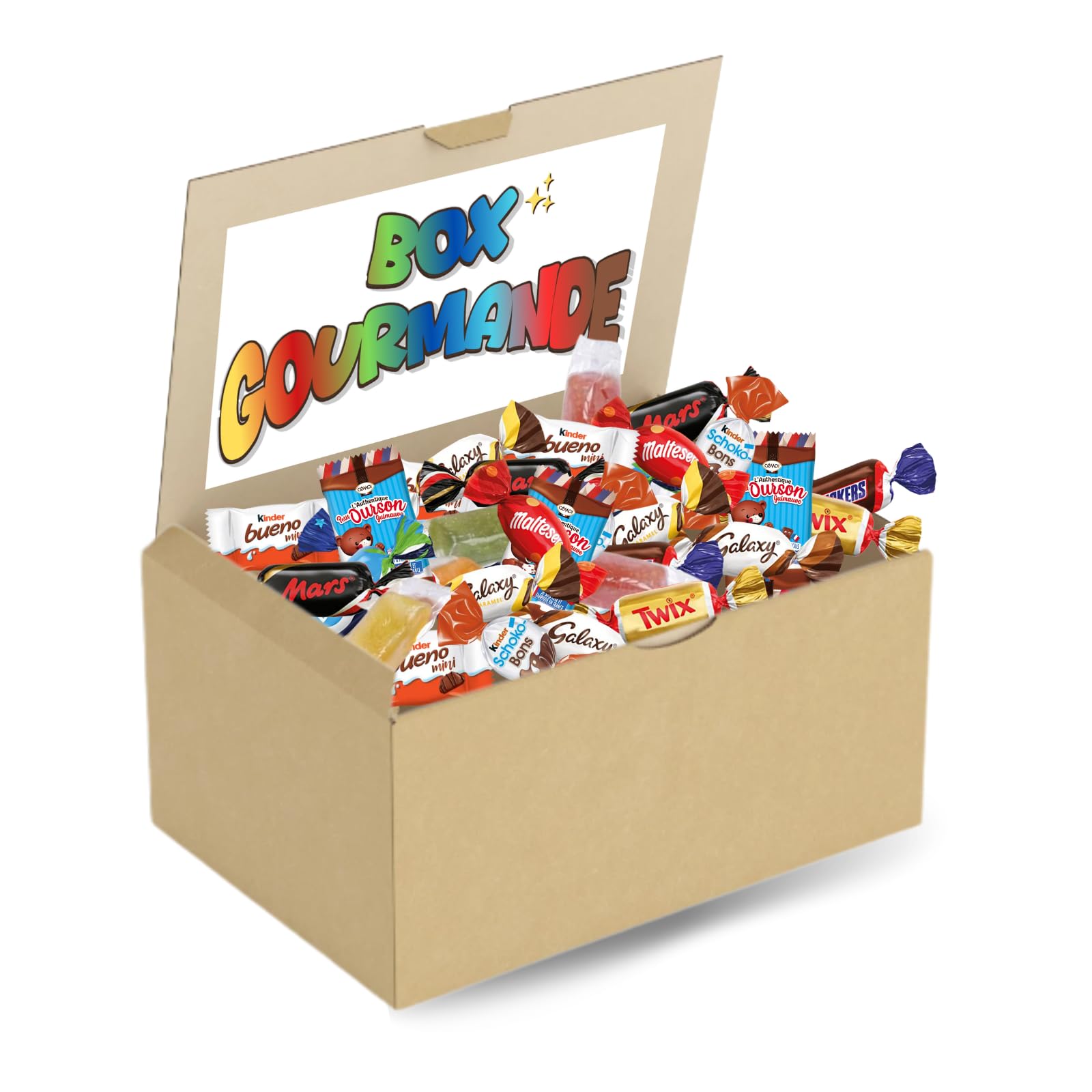 BOX GOURMANDE | 1kg de Chocolats Célébrations, Kinder Mini-Bueno et Schokobons,Pâtes de Fruits & Oursons Guimauve Cémoi | Friandises à Partager emballées individuellement